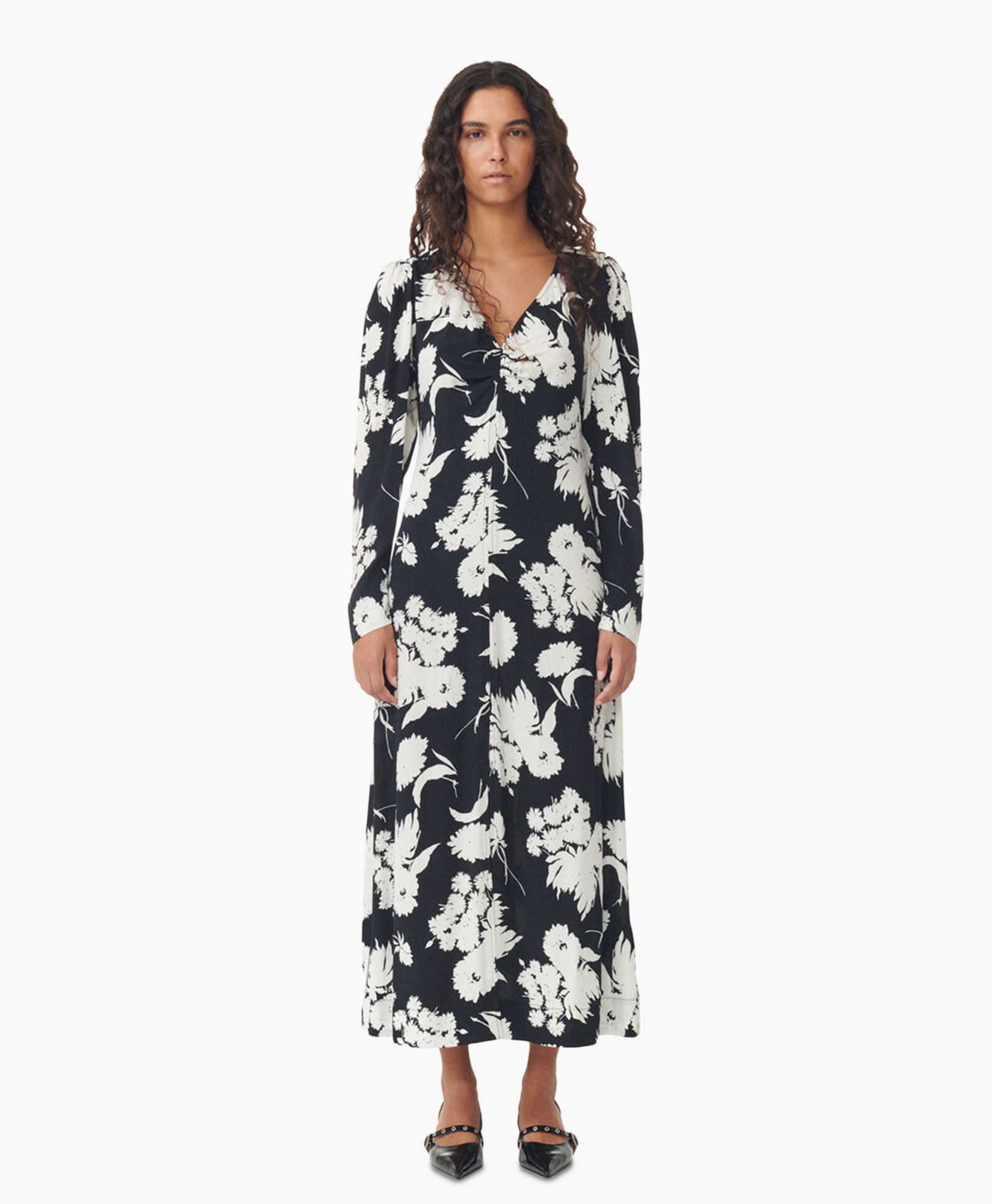 Maxi Jurk Printed Crepe V-neck Zwart