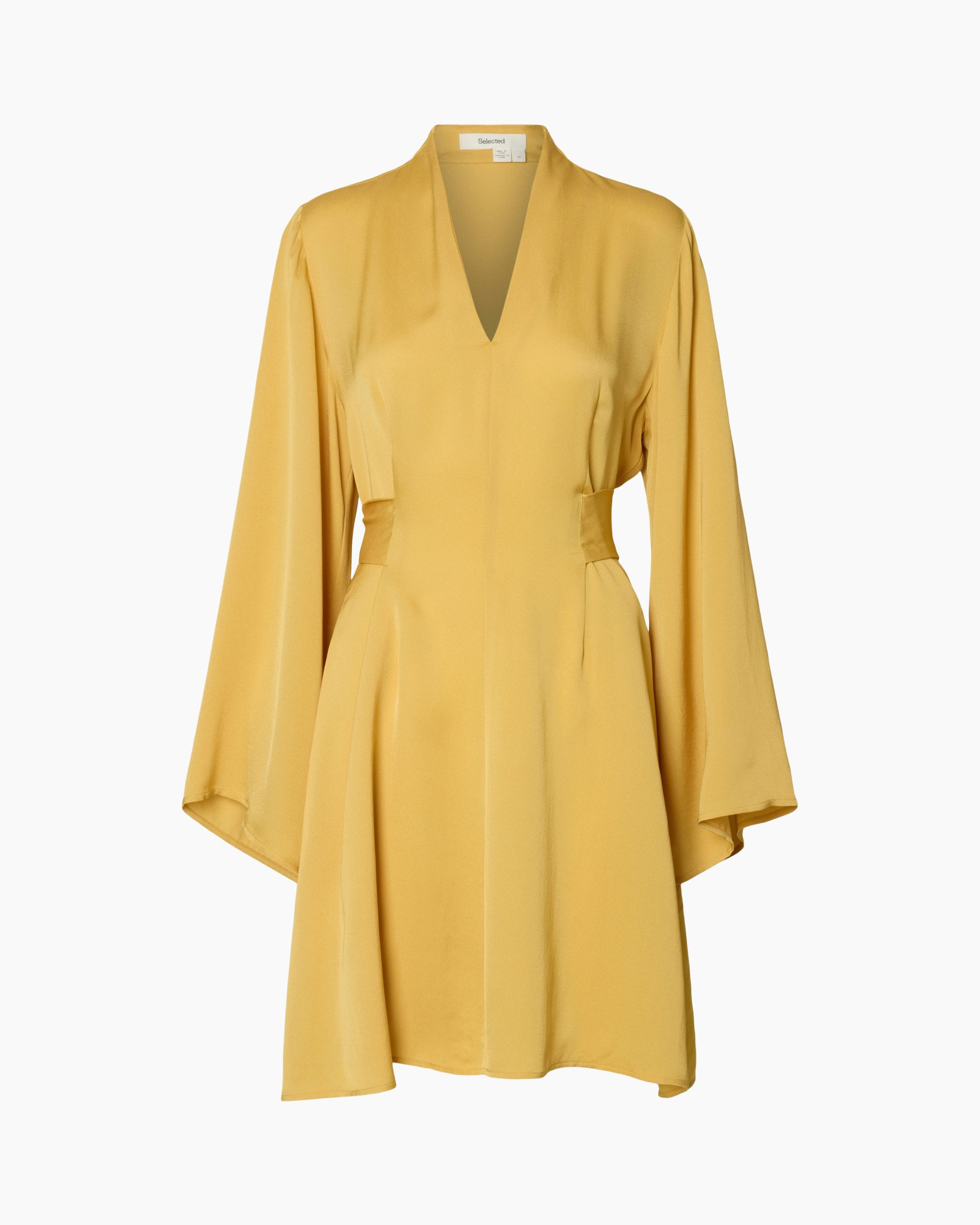 jurk, geel, kimono mouwen, v-hals, touwtjes/riem taille