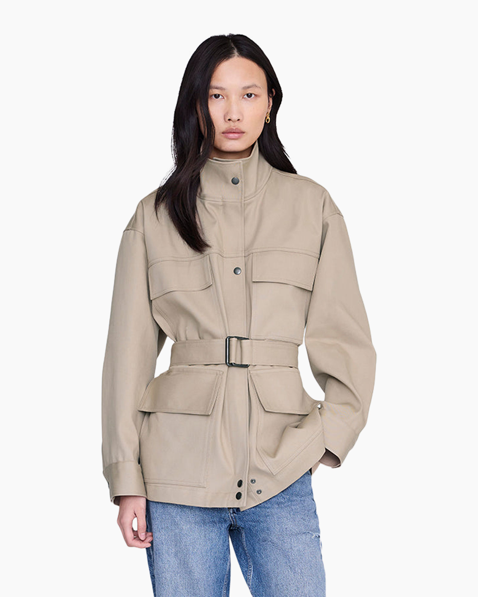 jas, beige, riem, zakken, lange mouwen