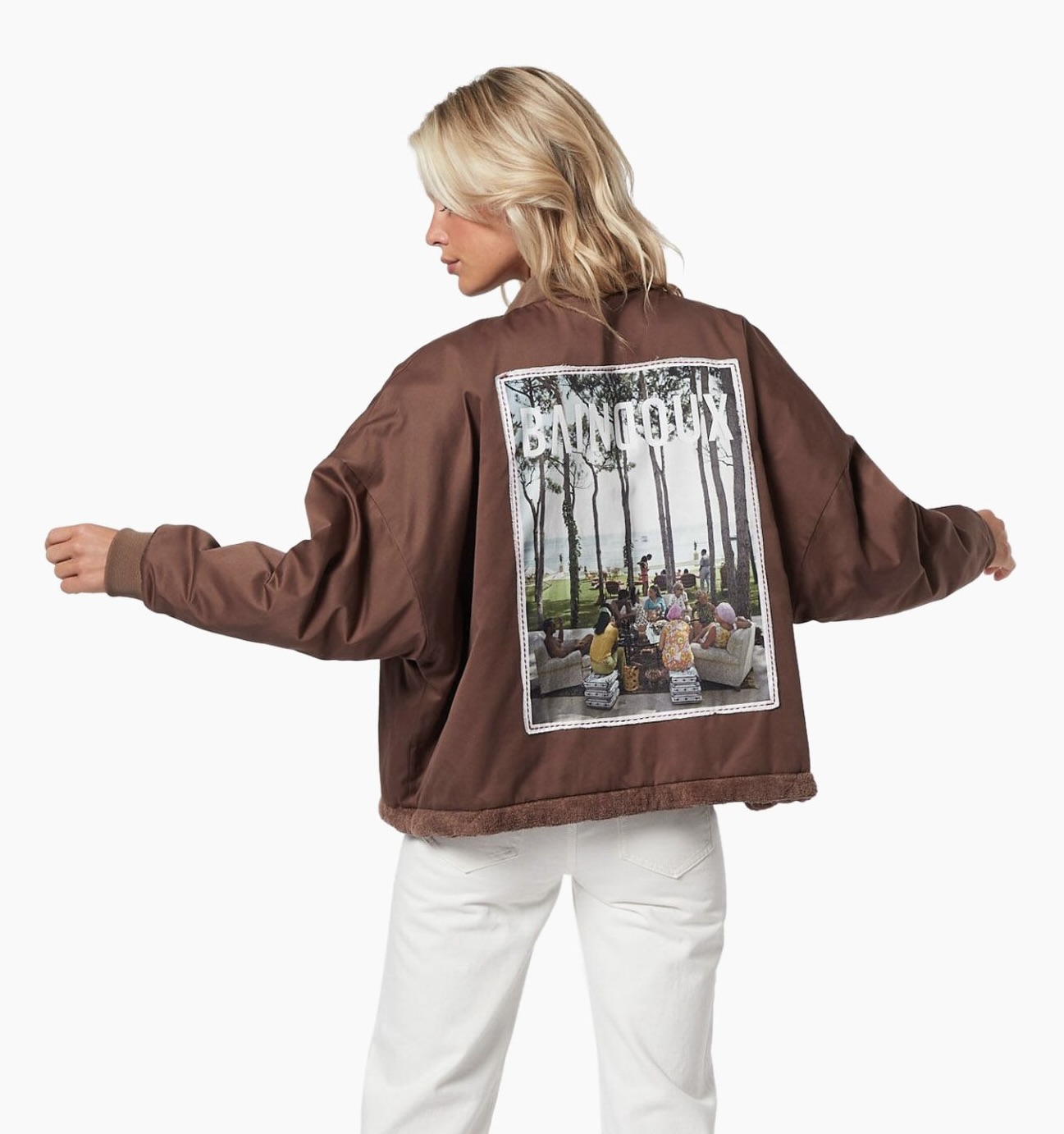 bomber jacket, quilted, brown, zippered pockets, drawstring hem