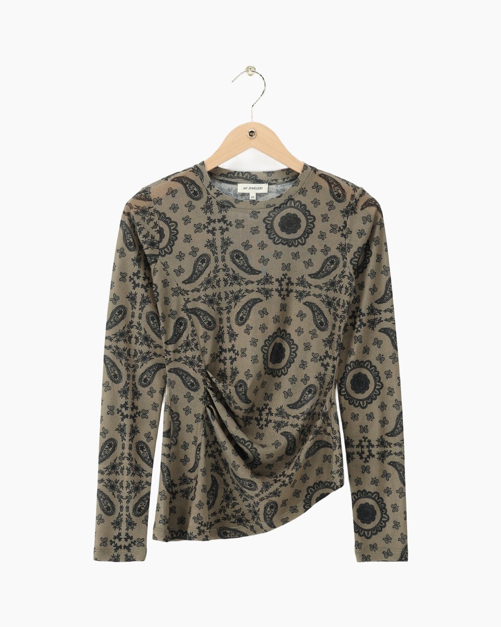 gebreide top, paisley patroon, lange mouwen, beige, tuit twisting