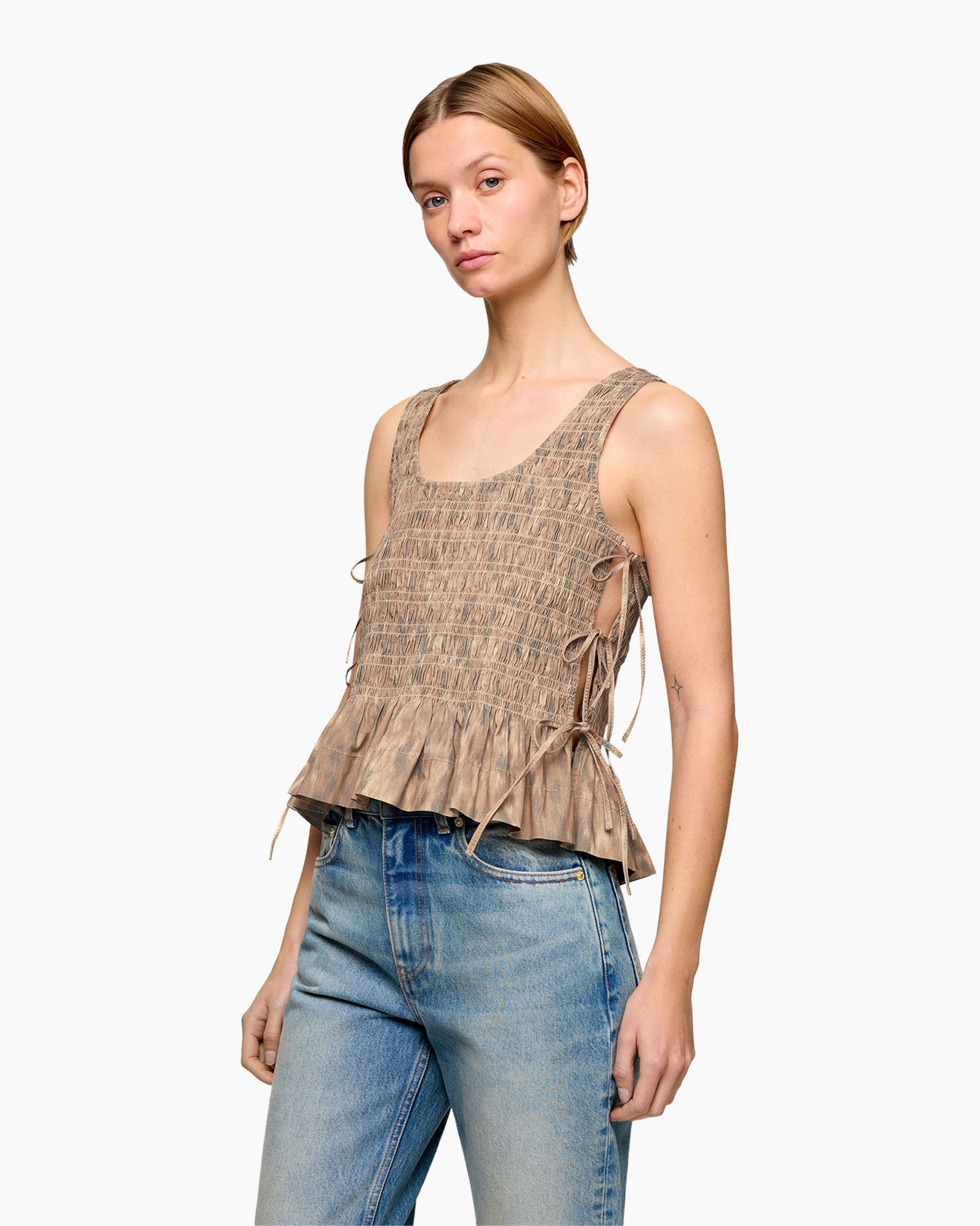 tanktop, mouwloos, smocked,  ruching, tie-side