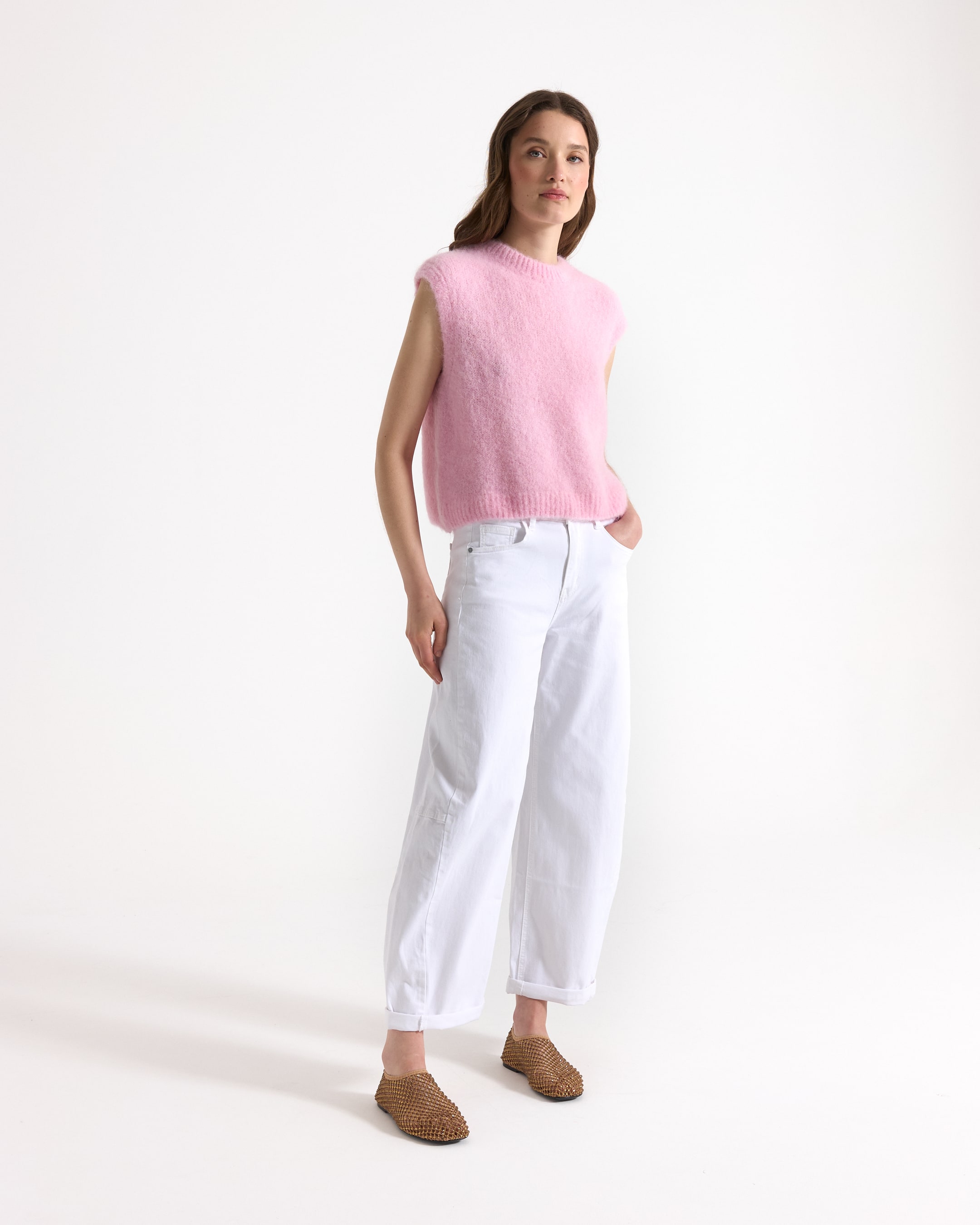 pink sweater, knit vest, sleeveless, fluffy texture, light pink