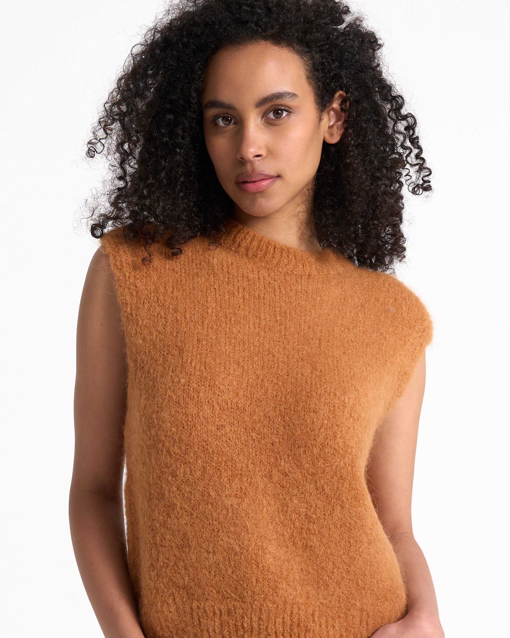 sleeveless sweater, knitted top, camel color, soft texture, crew neck
