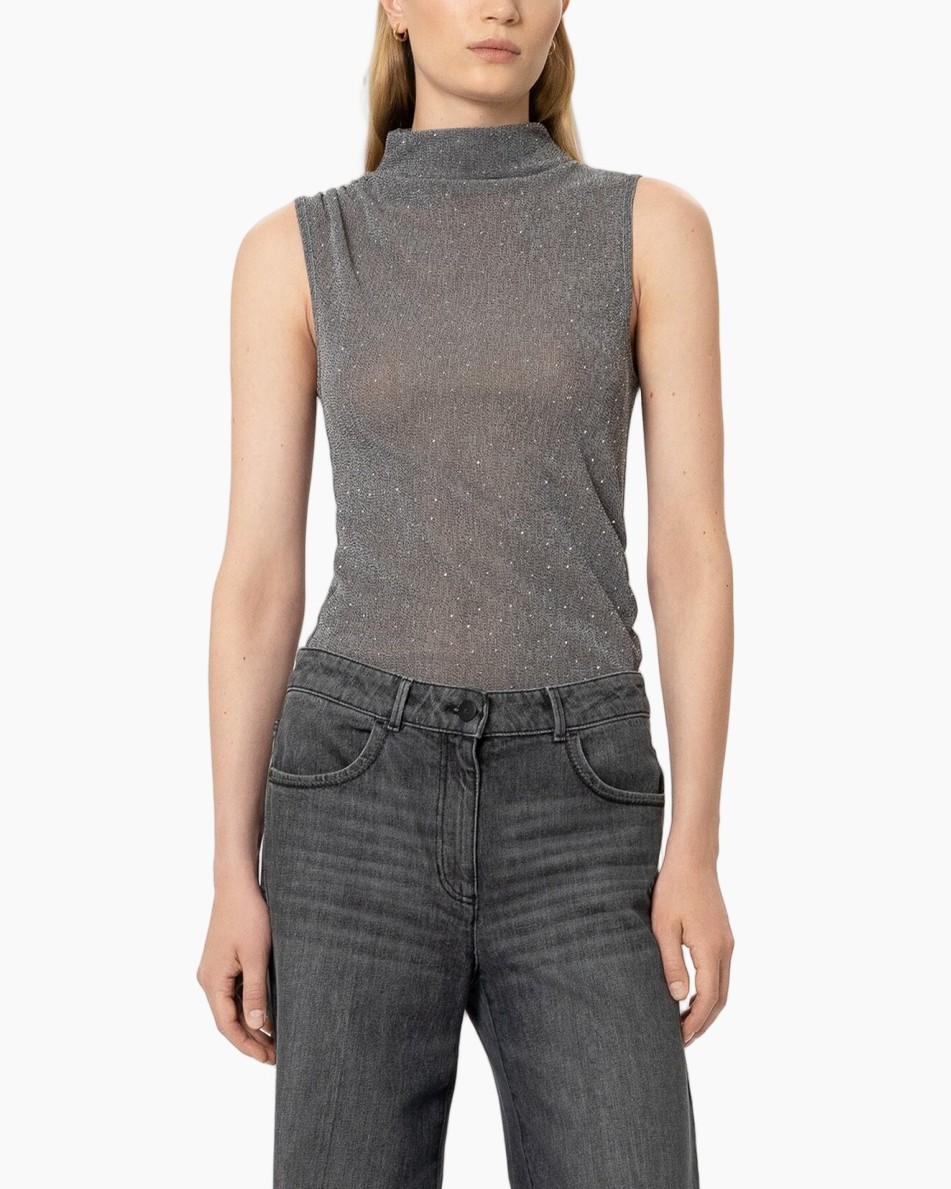 turtleneck, top luik, grijs zonder mouwen, brei top, dames top