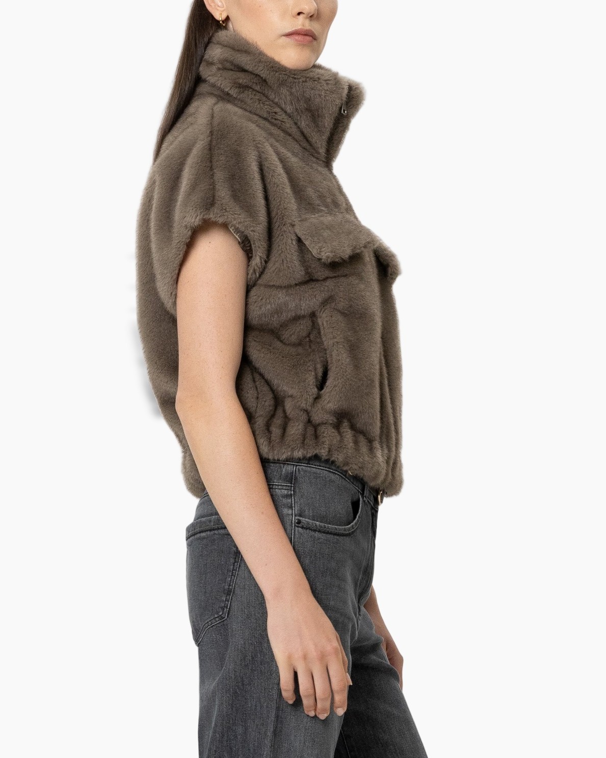 vesten imitatiebont, bruin, rits, klepzakken, halskraag