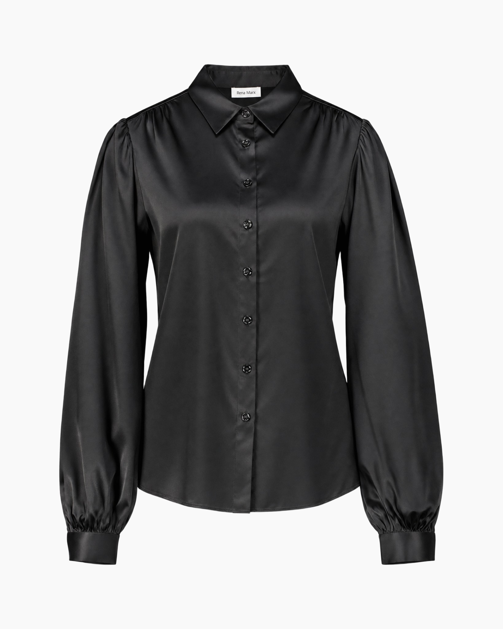 blouse, knopjes, pofmouwen, zwart, satijnachtig