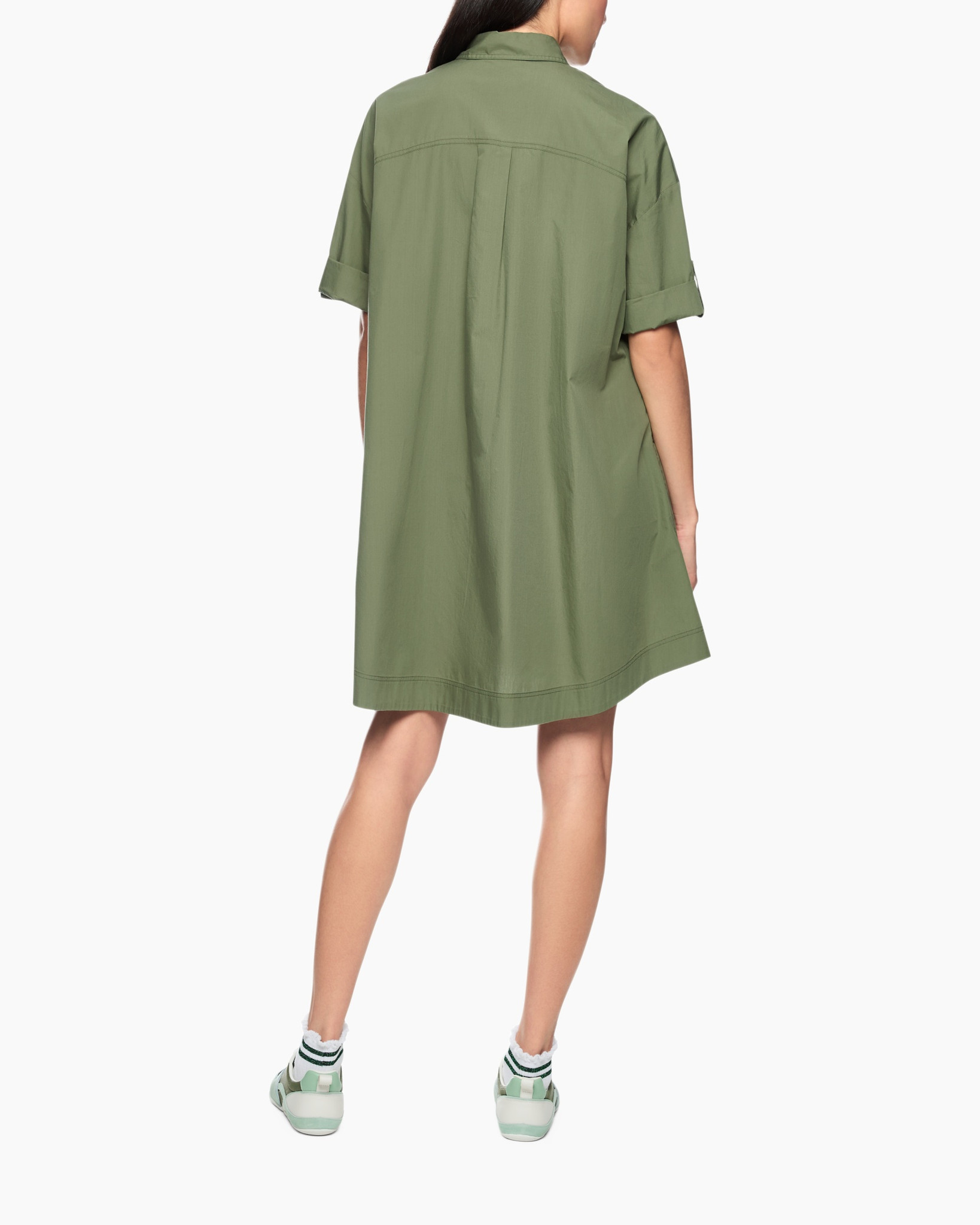 shirt dress, olive green, short sleeves, button front, pocket detail