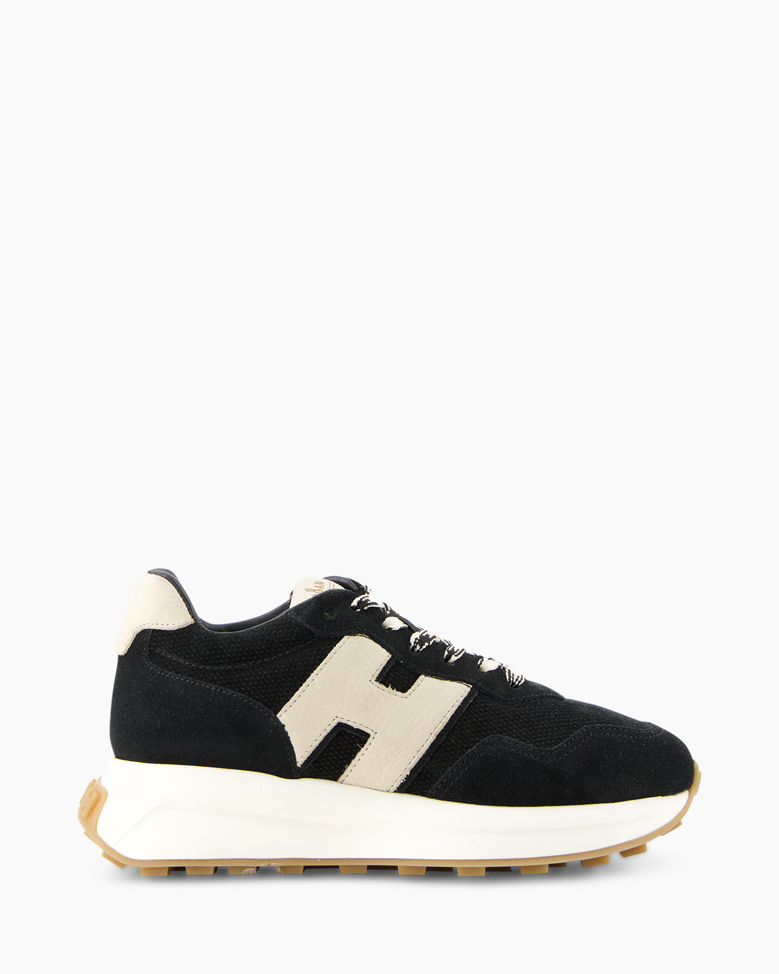 schoen, sneaker, zwart, suede, grootte middenzool, patroon, H-logo