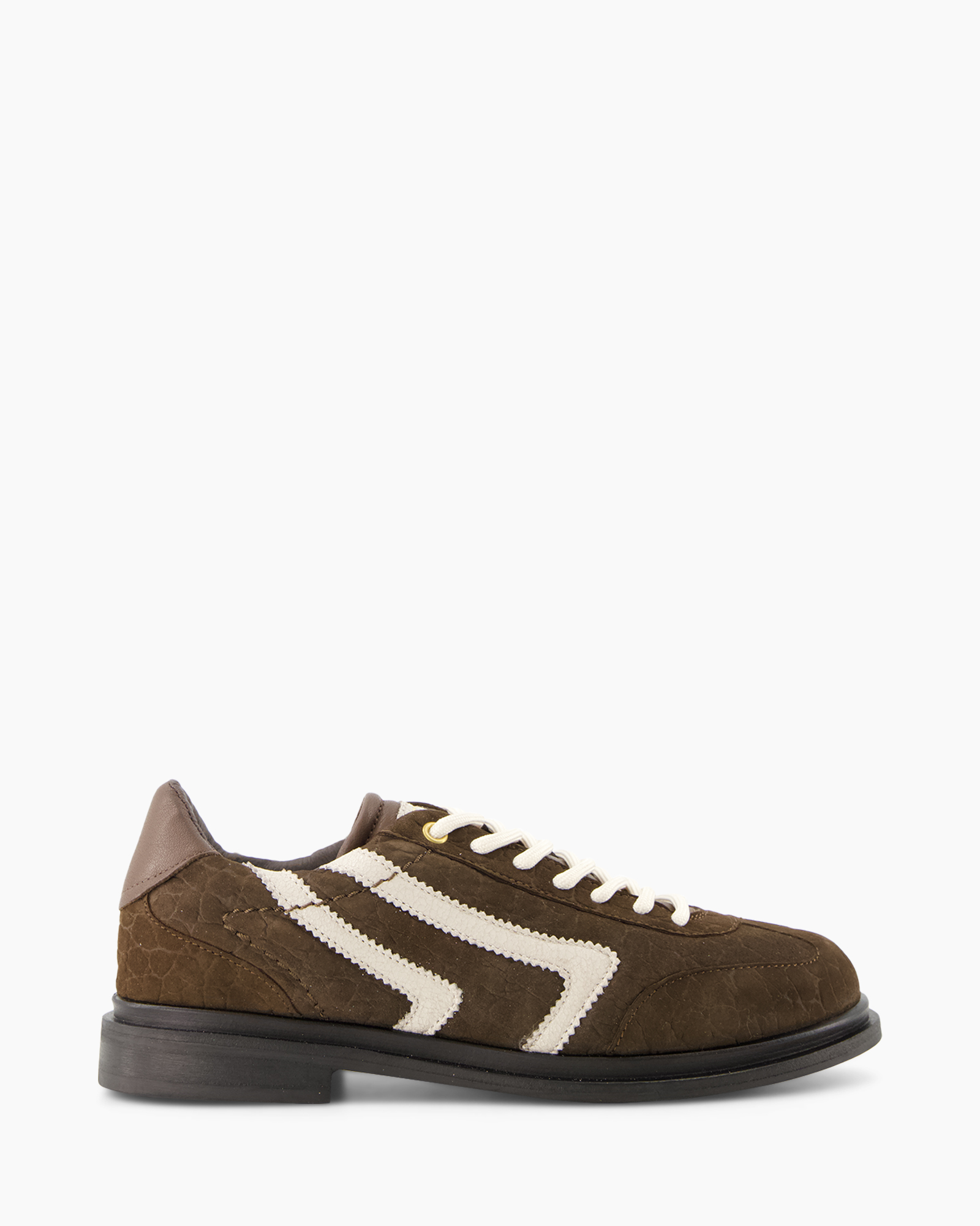 bruin, suede, athletisch, veterschoen, patchwork