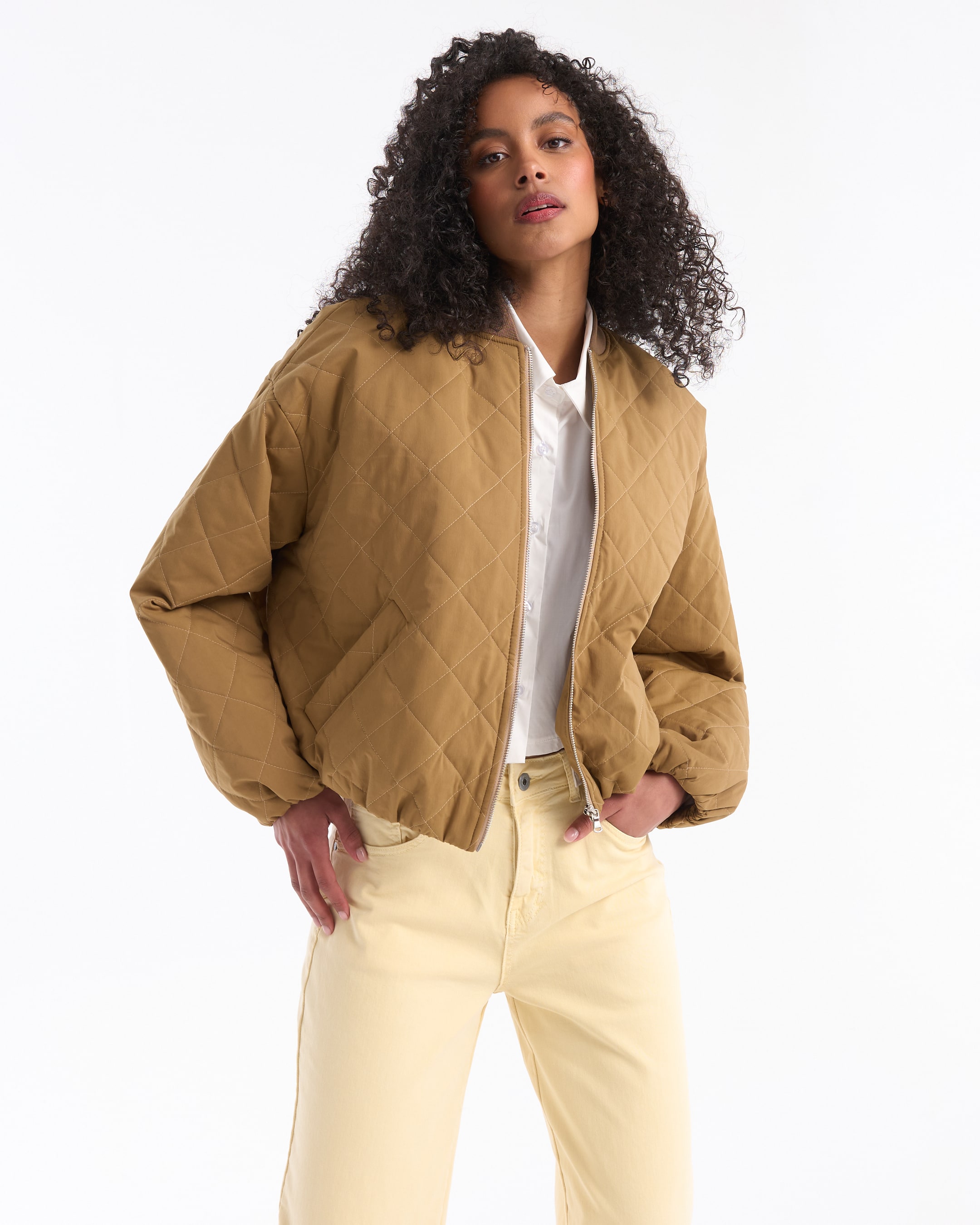 quilted jacket, brown jacket, puffer, zipper, lightweight