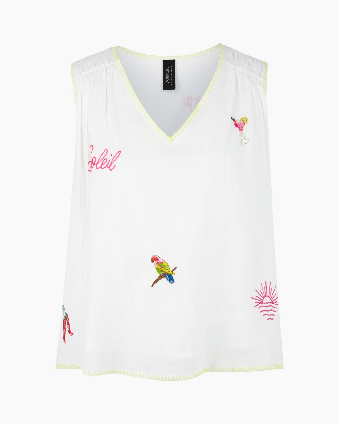 witte mouwloze top, v-hals, geborduurde vogels, kleurrijke borduursels, neonkleurige zoom