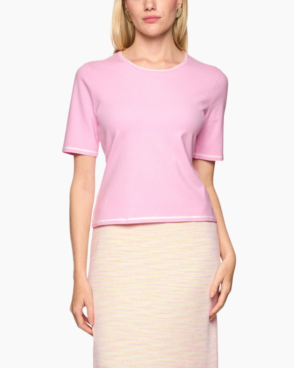 pink top, short sleeves, crew neck, soft knit, solid color