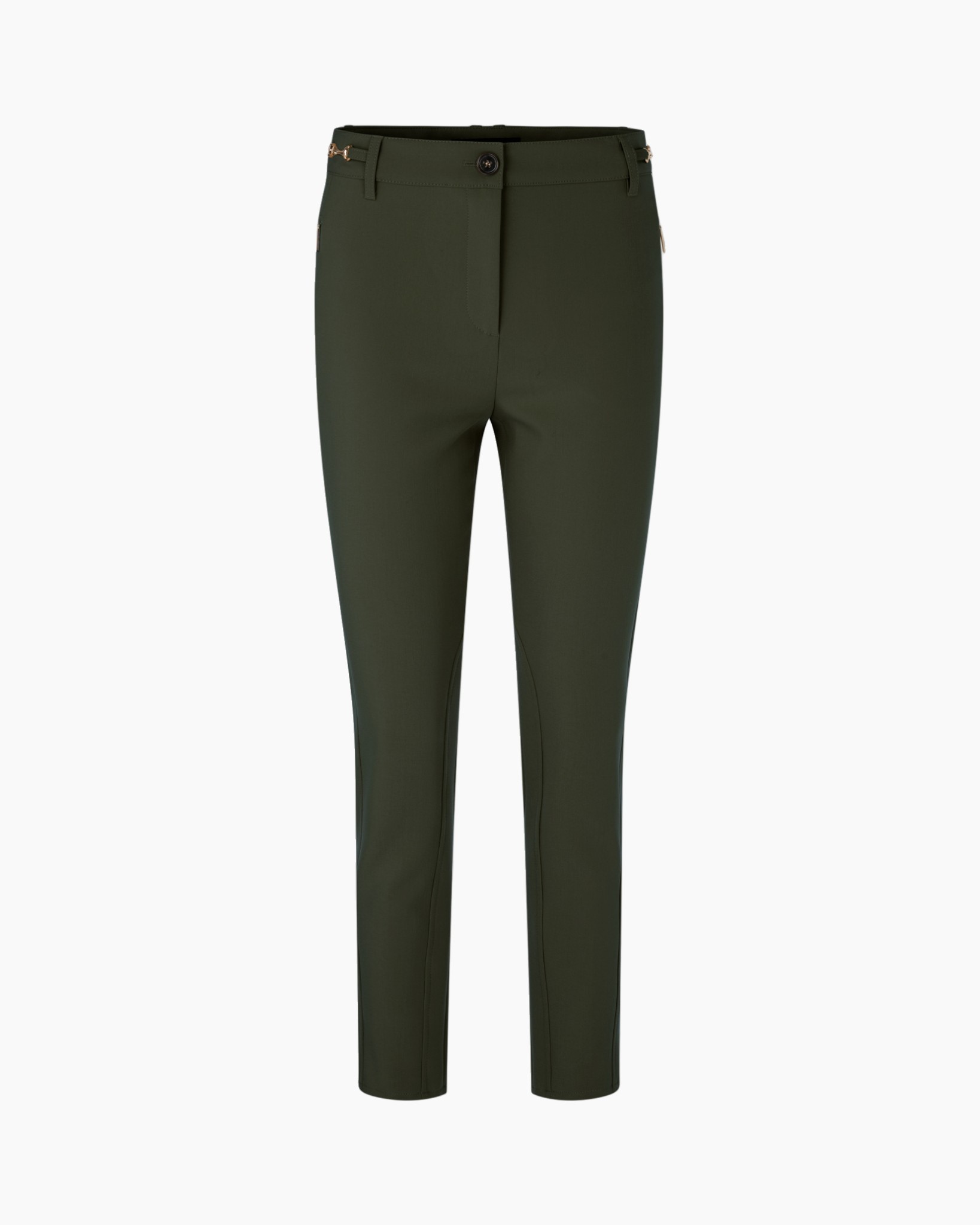 broek, donker olijfgroen, slim fit, riemlussen, knoopsluiting