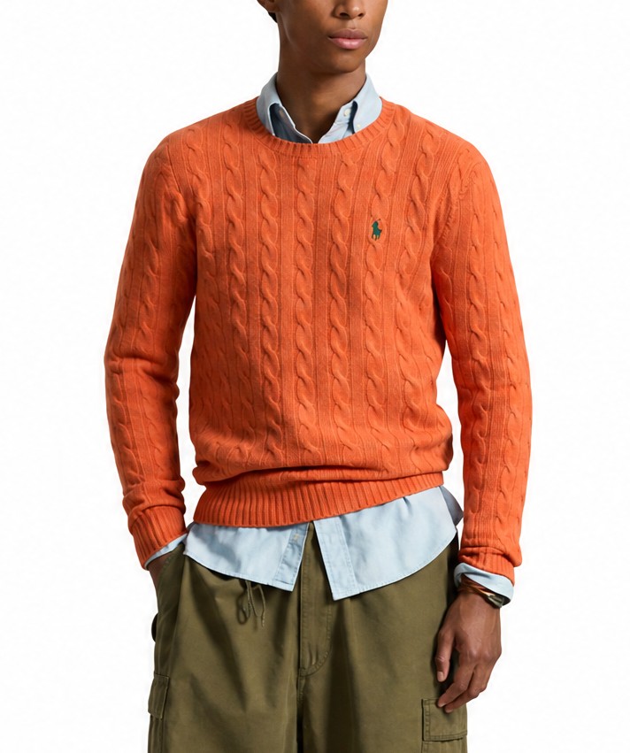 herentrui, oranje, kabelgebreid, ronde hals, lange mouw