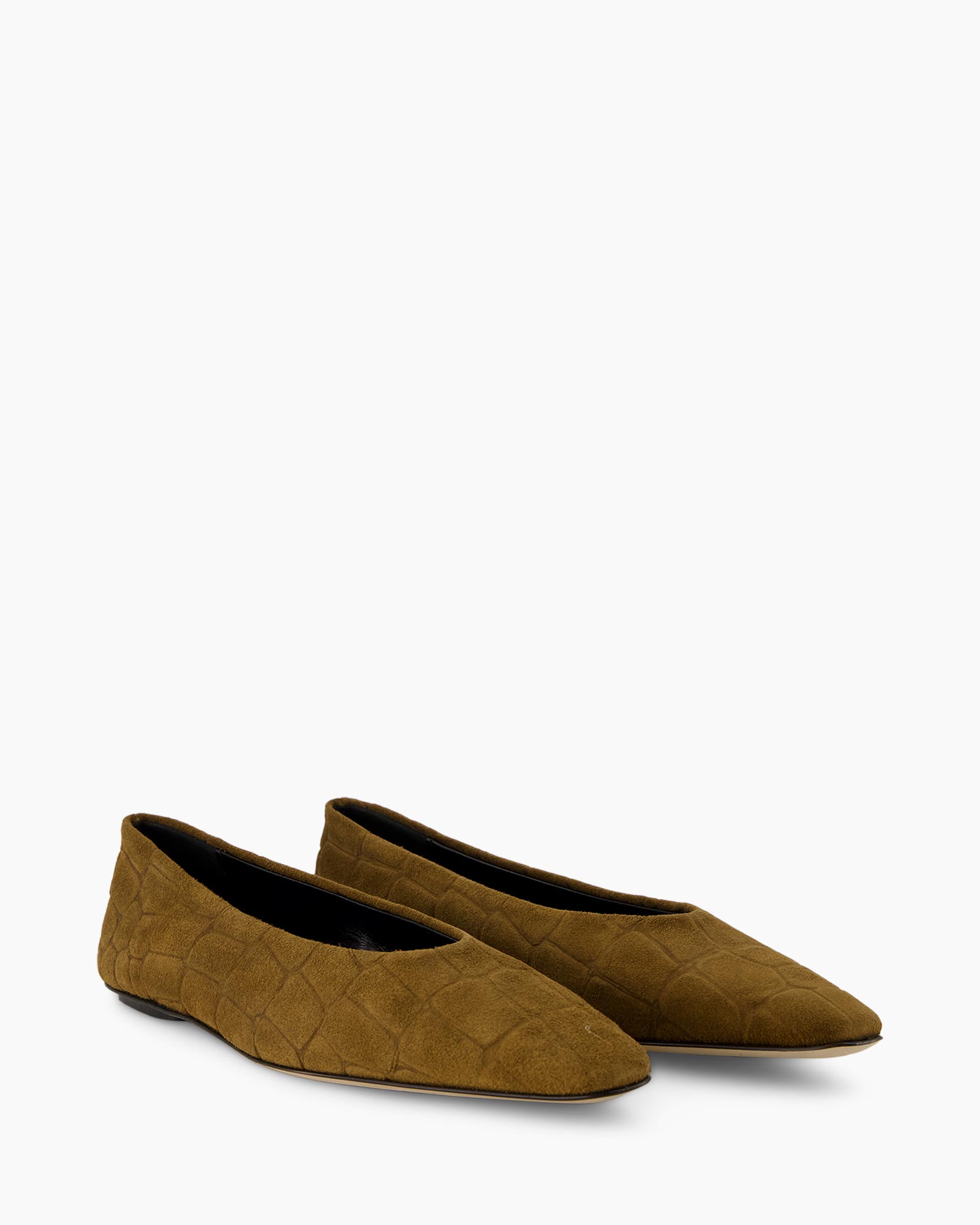schoen flat, ballet flat, bruine suède, kroko-embossed, slip-on