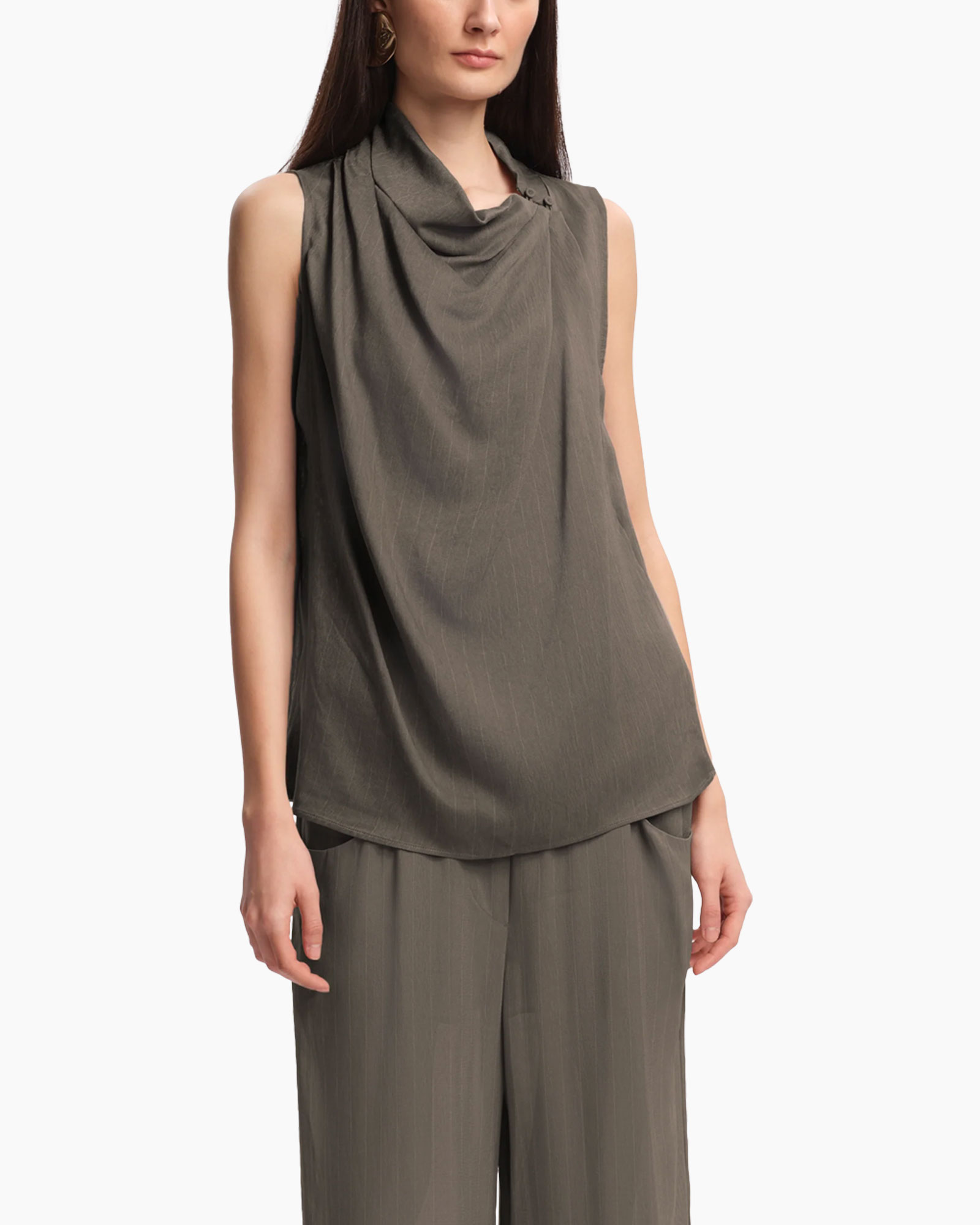 sleeveless top, draped neckline, plain knit, olive, tunic