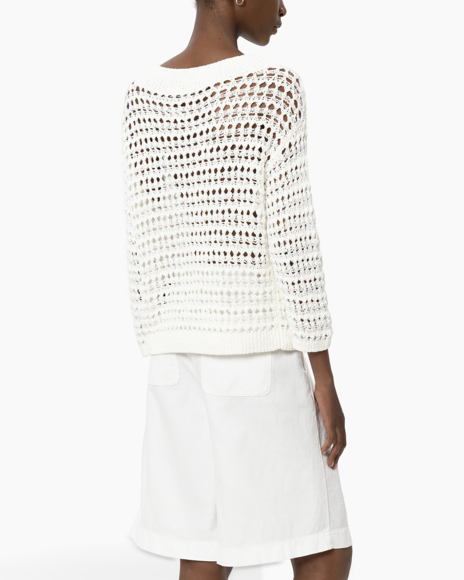 crochet sweater, white, loose knit, crew neck, shorts