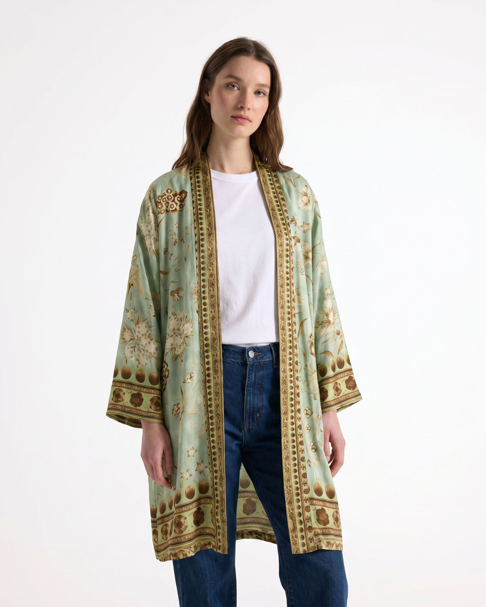 kimono, robe, patronen, bloemenpatroon, open-front