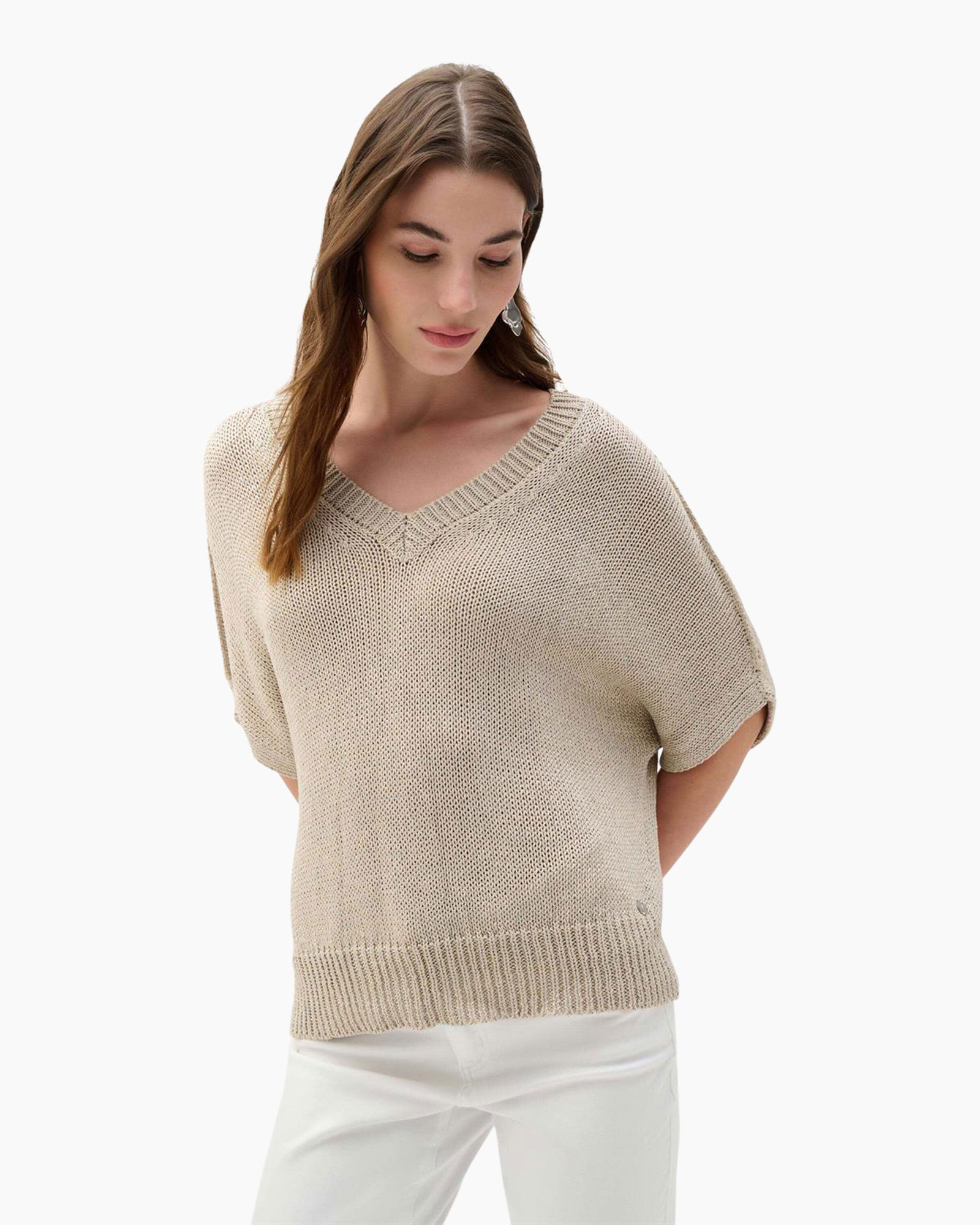 breisel gebreide trui, beige, v-hals, oversized pasvorm, pullover