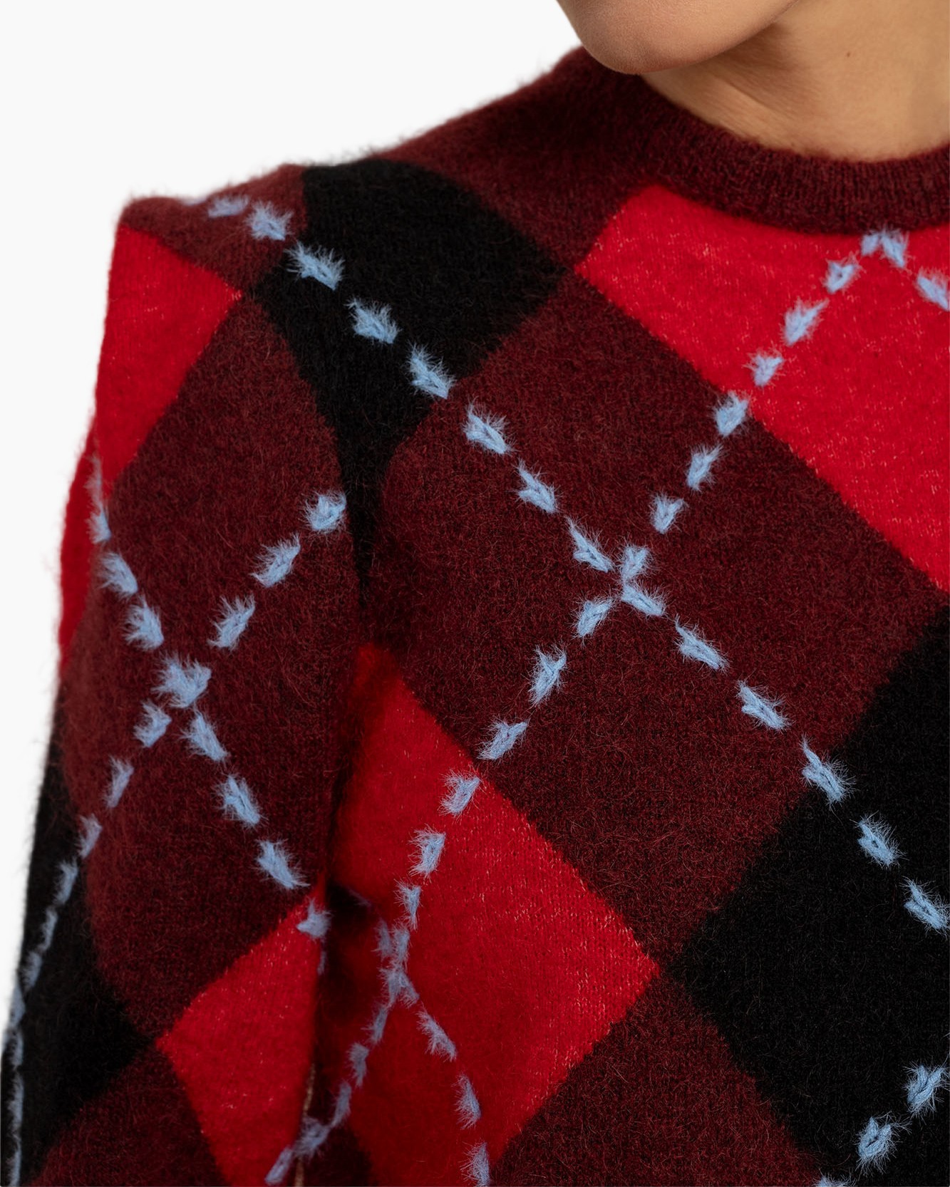 trui, zachte brei, ruitpatroon, rood en zwart, blauw stiksel