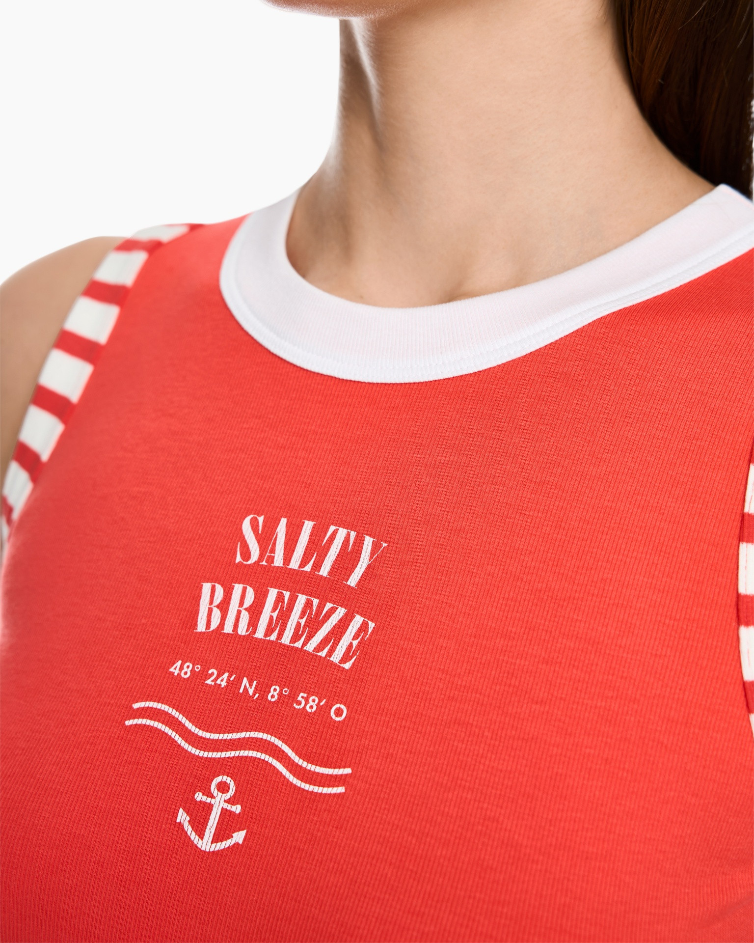 red, tank top, anchor, text graphic, striped strap