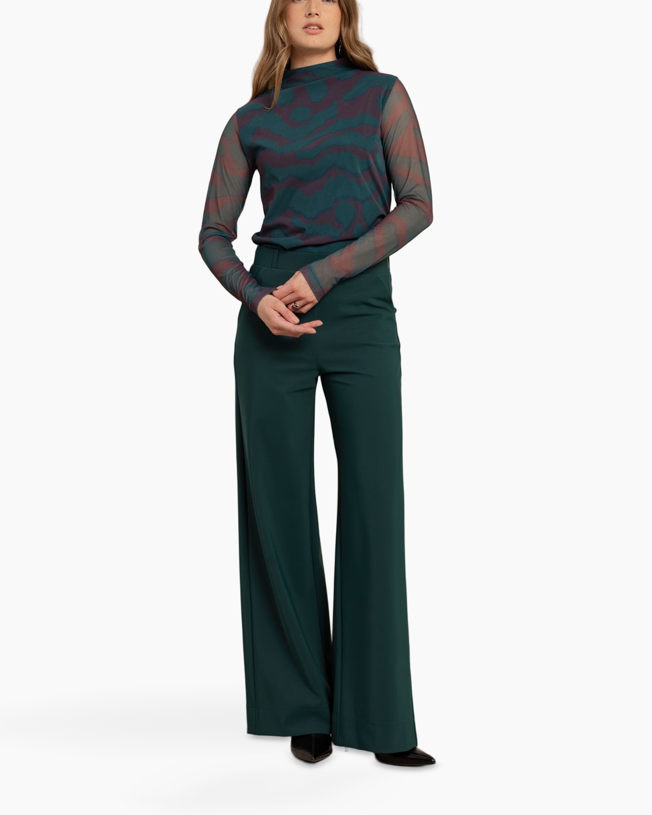 broek met wijde pijpen, donkergroen, hoge taille, pantalon