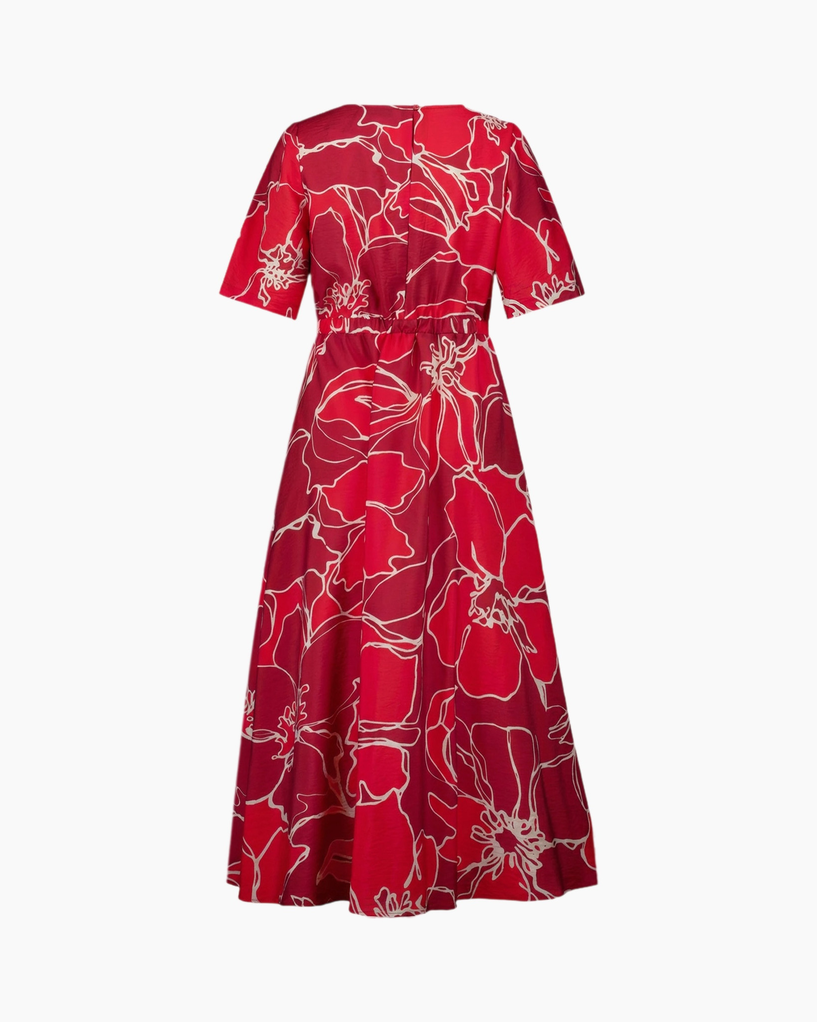 jurk, midi, rood, bloemenprint, korte mouw