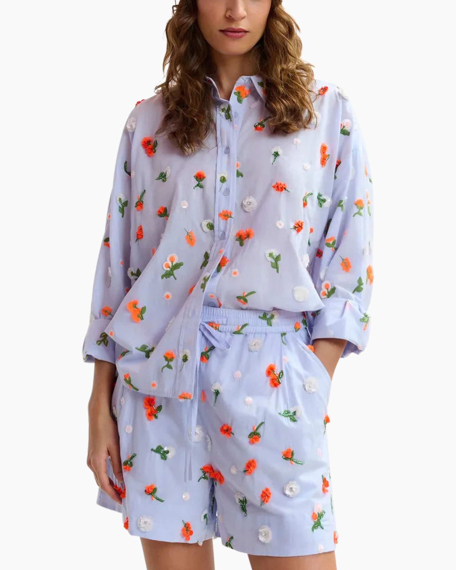 hemd, hemd-jurk, pyjama-set, bloemenpatroon, knopen