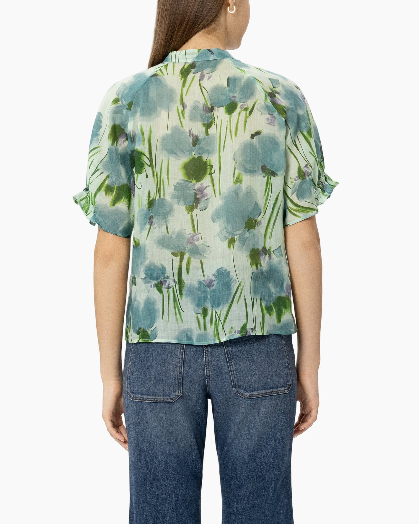 blouse, floral, sheer, short sleeves, button-up