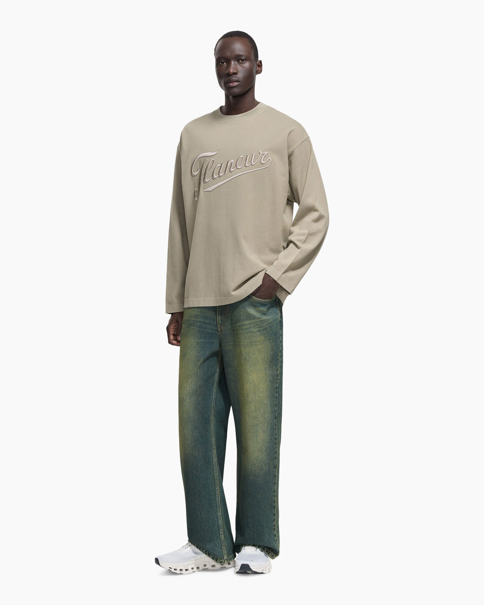 sweatshirt, långärmad, beige, grafisch, unisex, trui, lange mouwen, beige, logo script, spijkerbroek