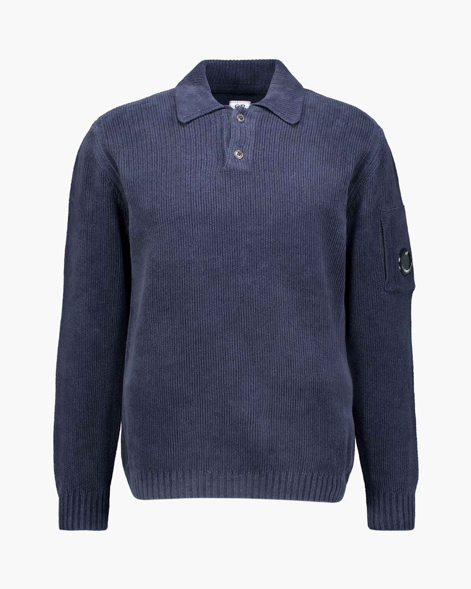 Gebreide Trui Polo Collar In Chenille Cotton Donker Blauw