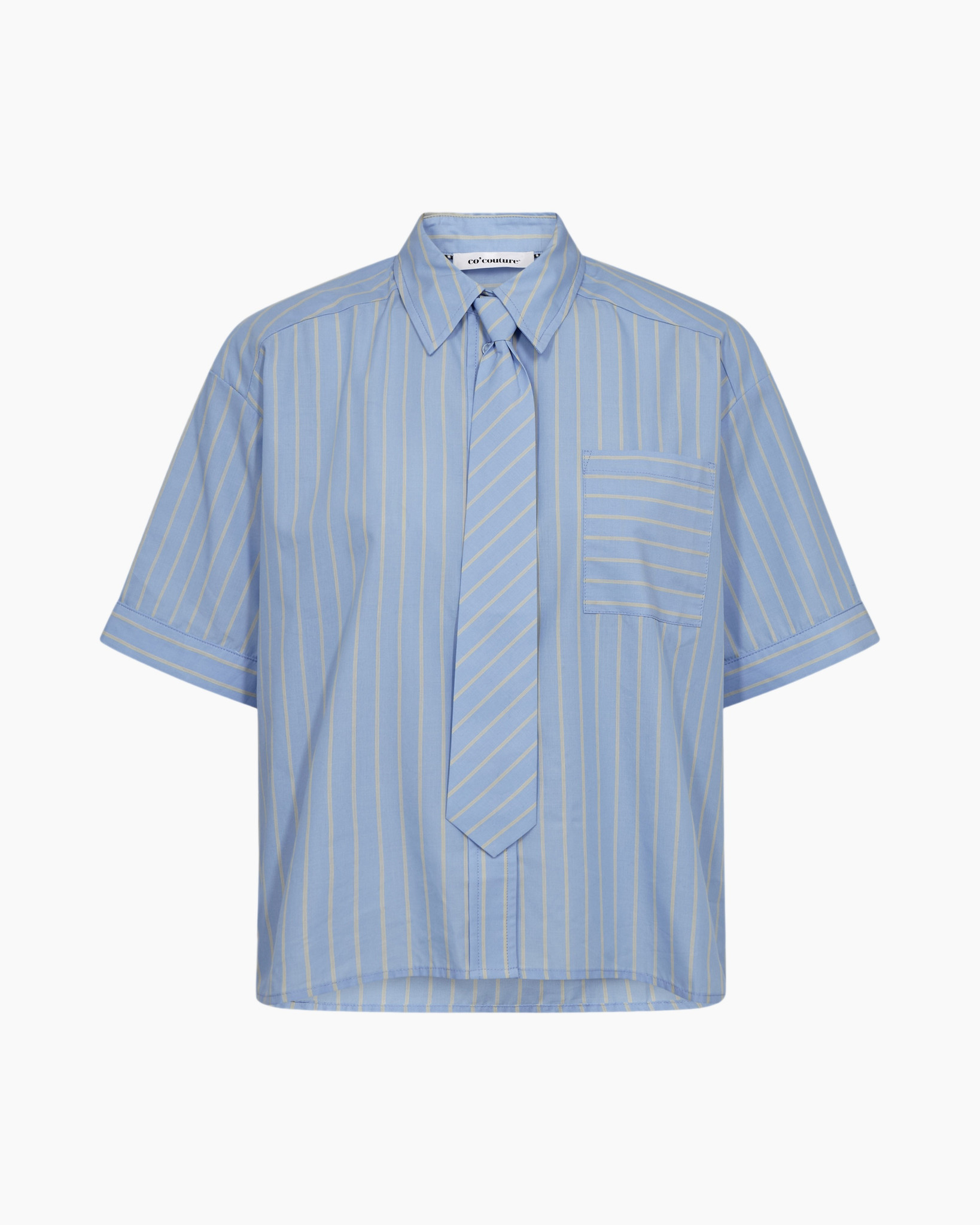 striped shirt, short sleeve, button-down, pocket, light blue