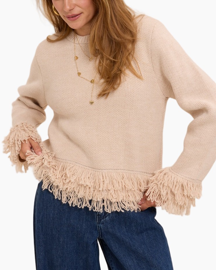 beige trui, fringe zoom?, gebreide trui, lange mouwen, casual top