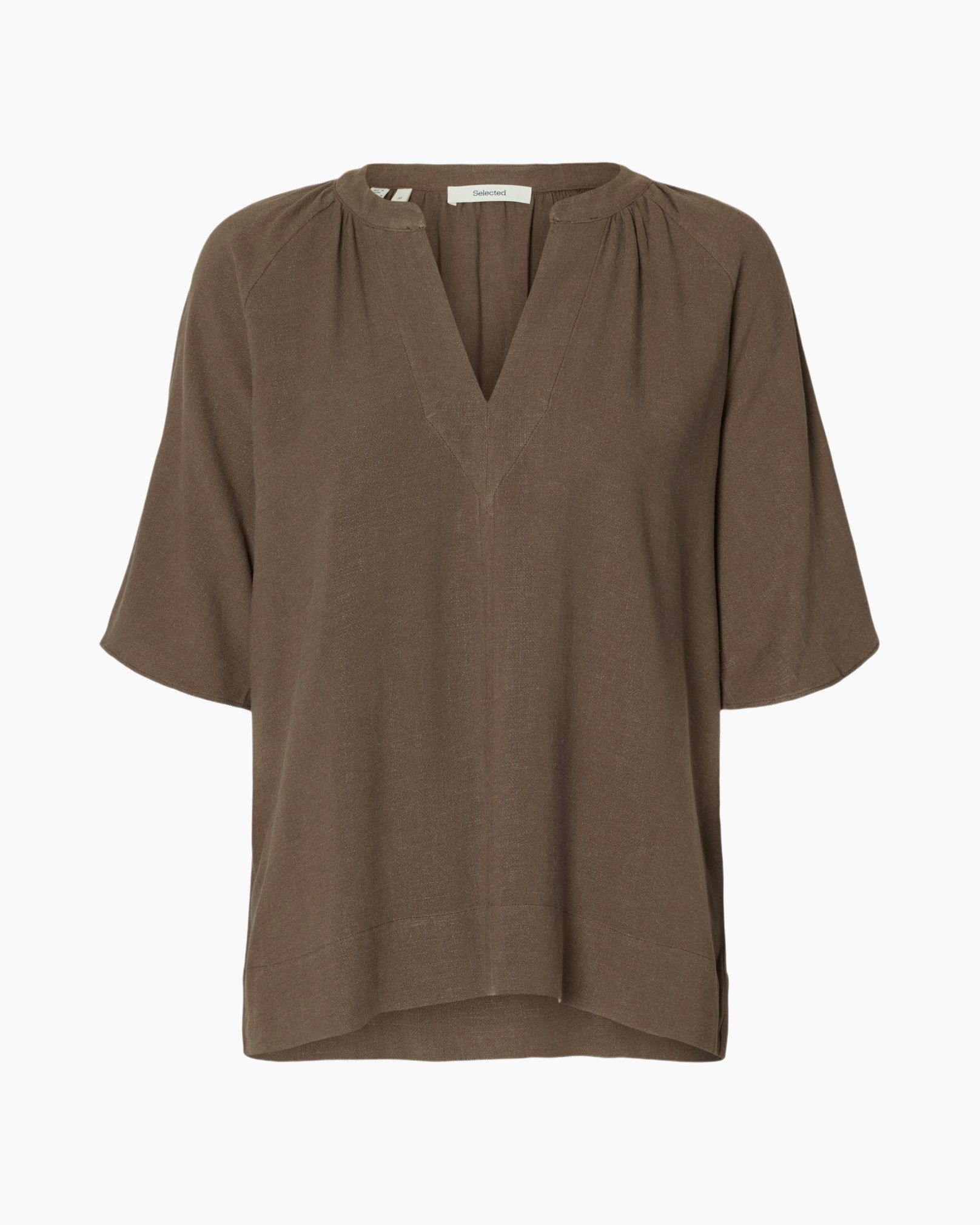 top, blouse, linen, brown, V-neck