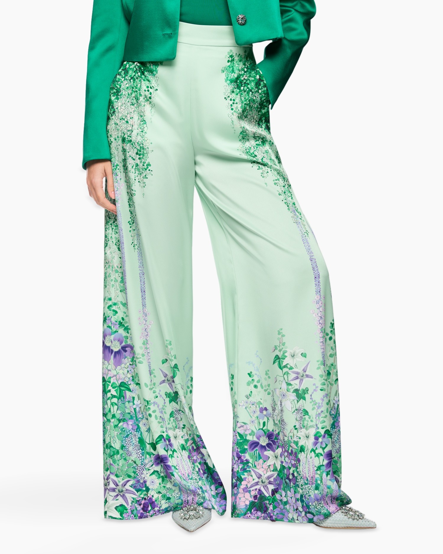 broeken, wijd, bloemend, print, groen