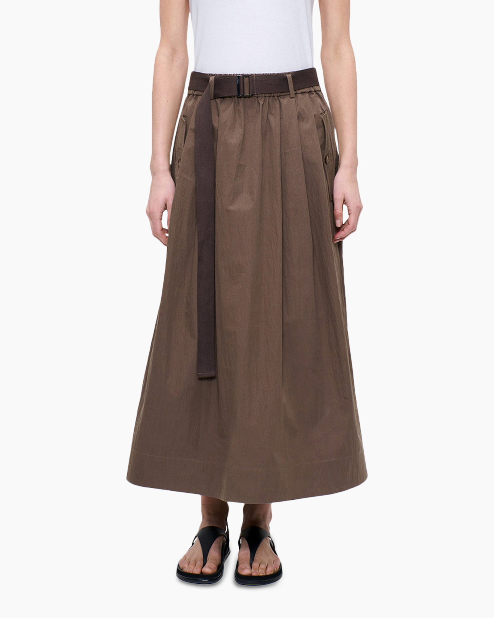 skirt, long skirt, brown, waist belt, floral? none