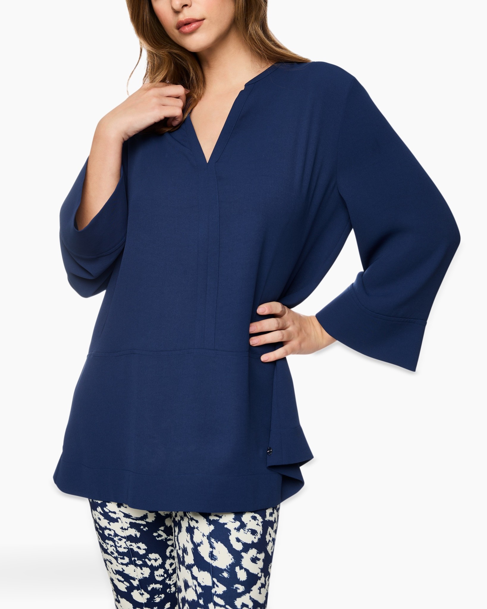 blouse, lange mouwen, v-hals, effen kleur, blauw