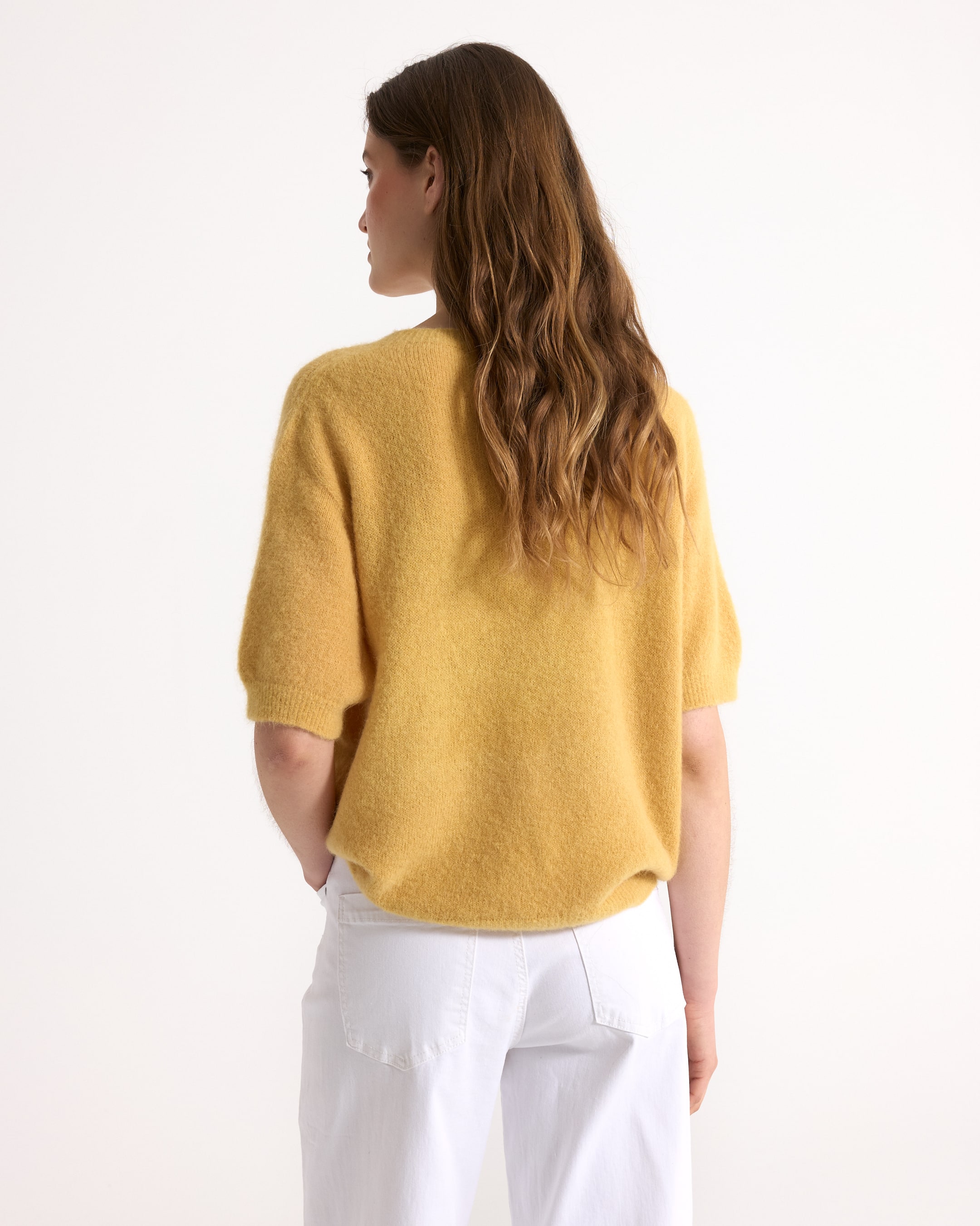 cardigan, knit, yellow, short_sleeve, back_view