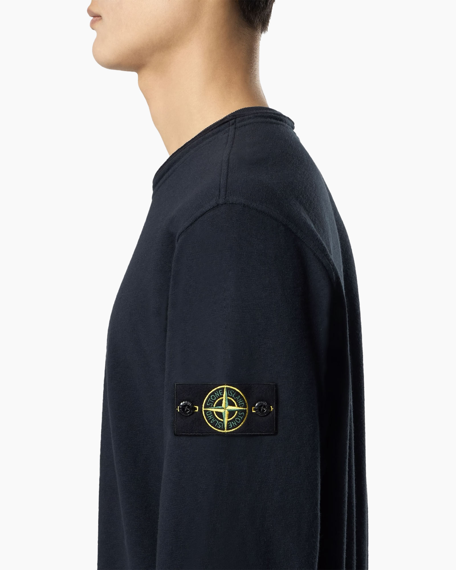 blauw, lange mouw, t-shirt, patch, logo