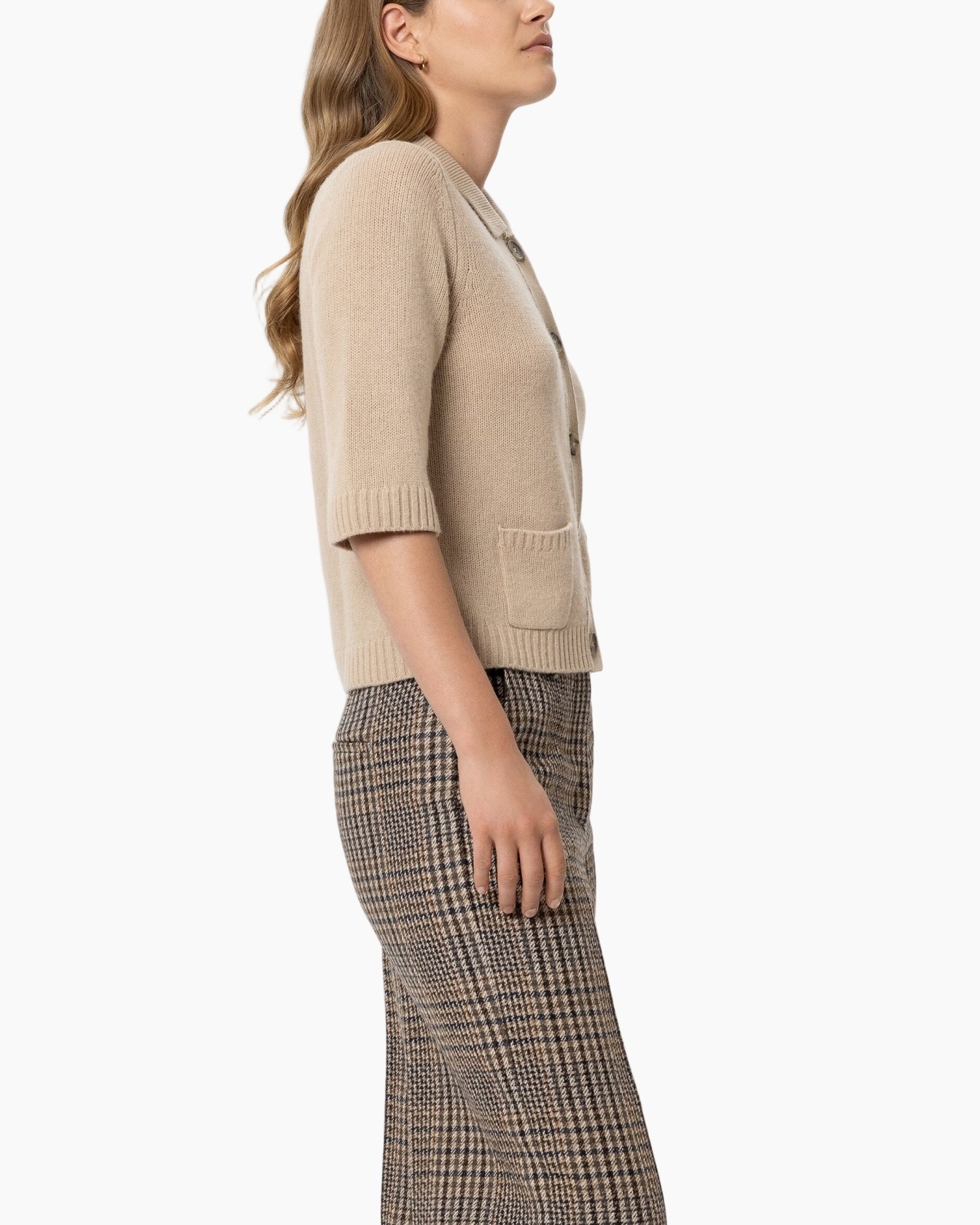 cardigan, breip, beige, kortmouwen, zak