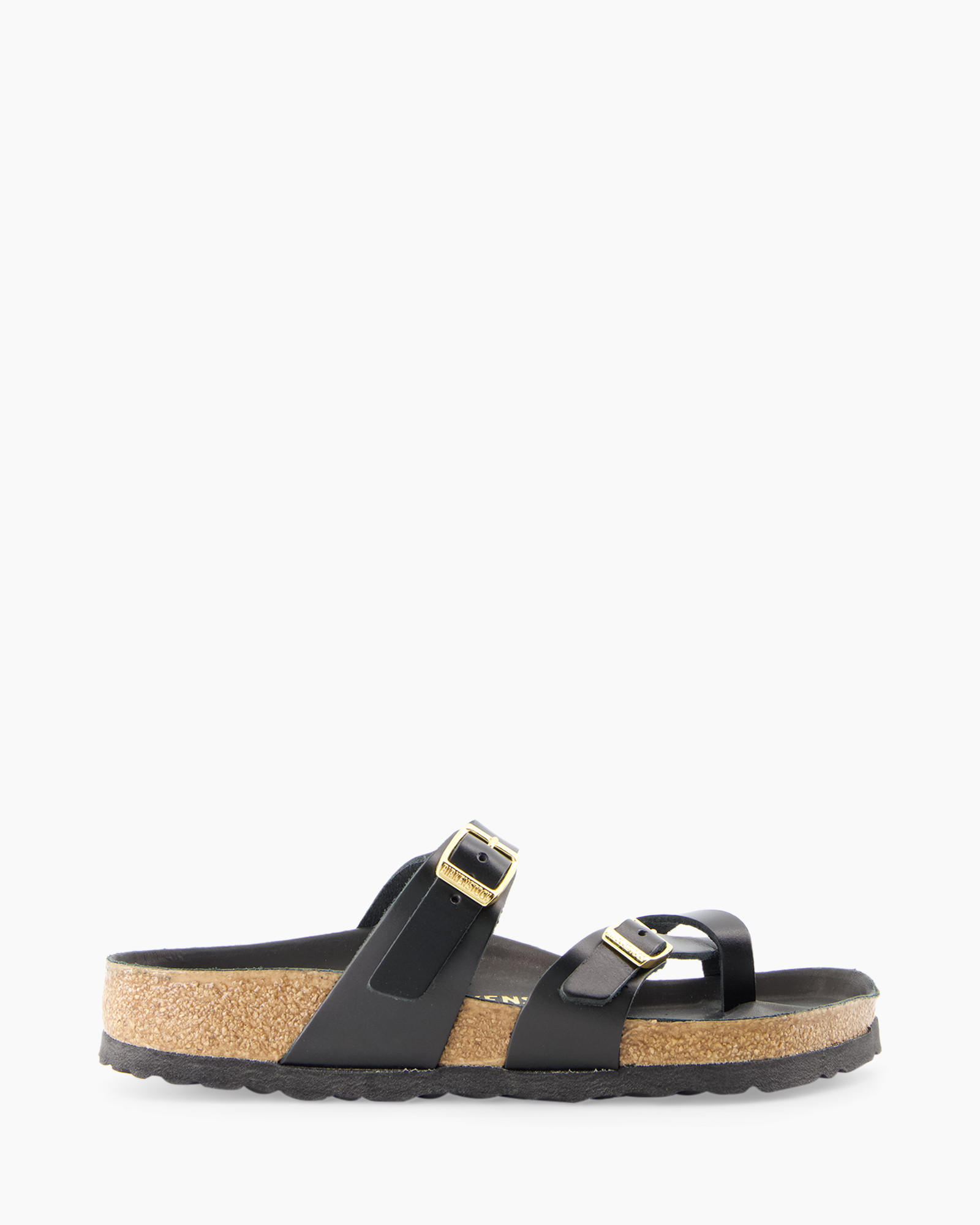 sandals, black, two-strap, buckle, cork sole