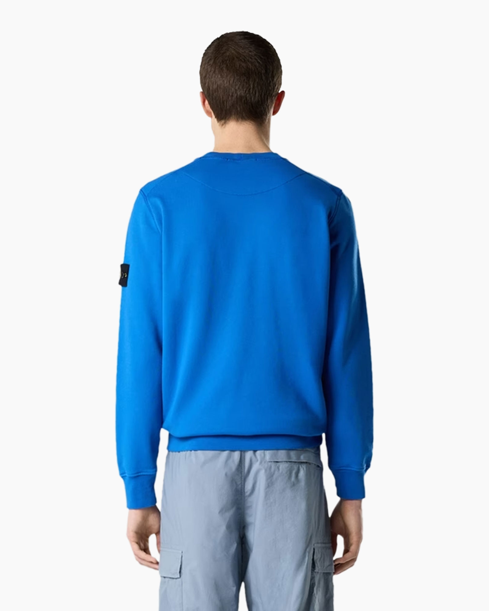 sweatshirt, blauw, kraagloos, langemouwen, logo patch