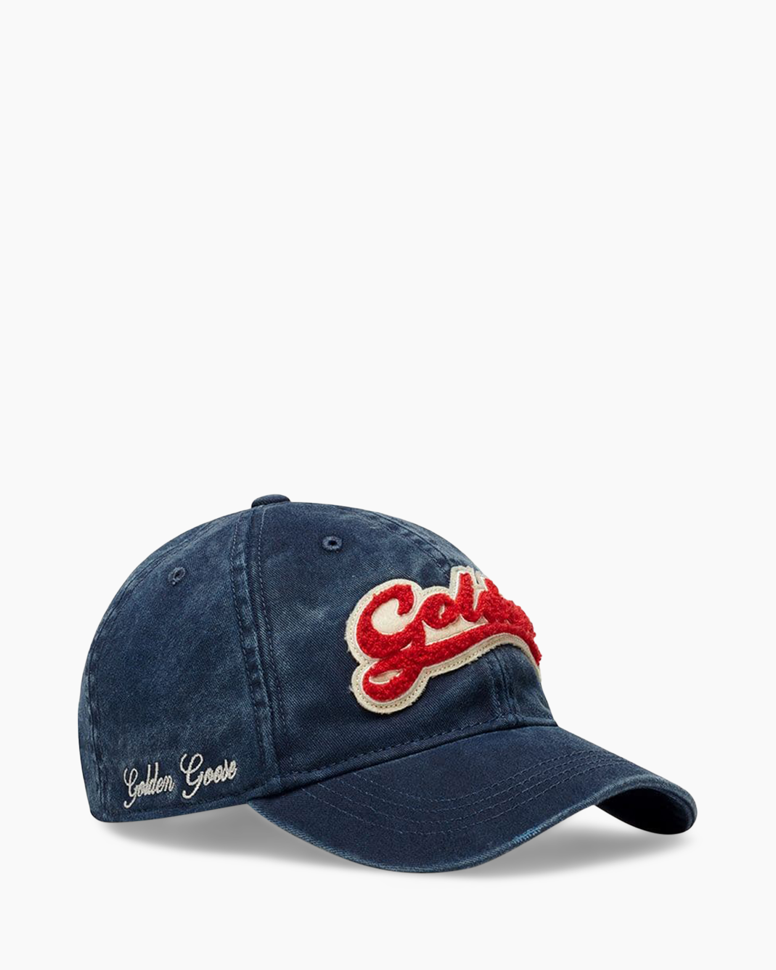 petje baseball, denim,  geborduurd badge, gebogen klep, golden hooks tekst