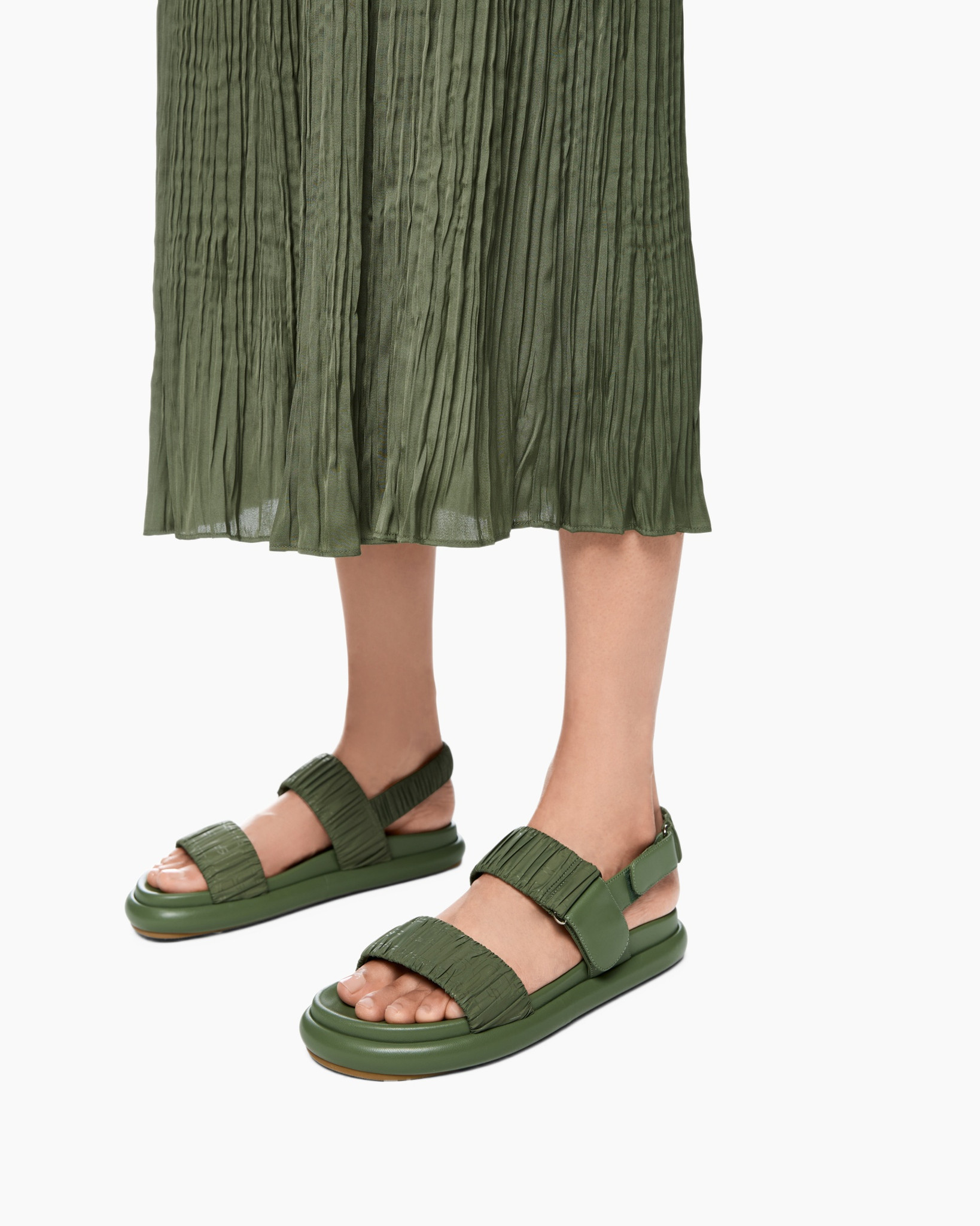 sandals, green, flat, strappy, pleated-skirt-adjacent