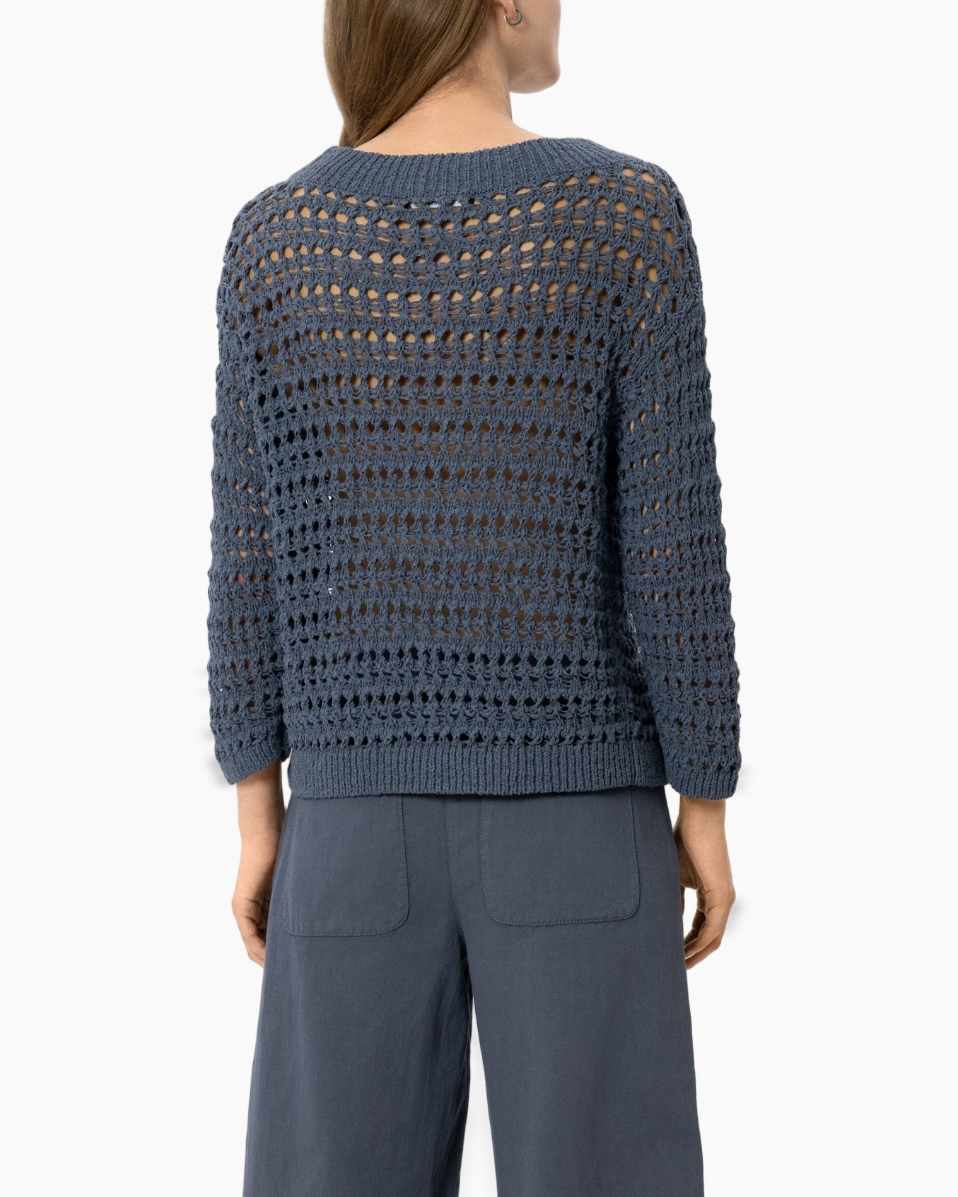 crochet sweater, mesh knit, long sleeve, blue, pullover