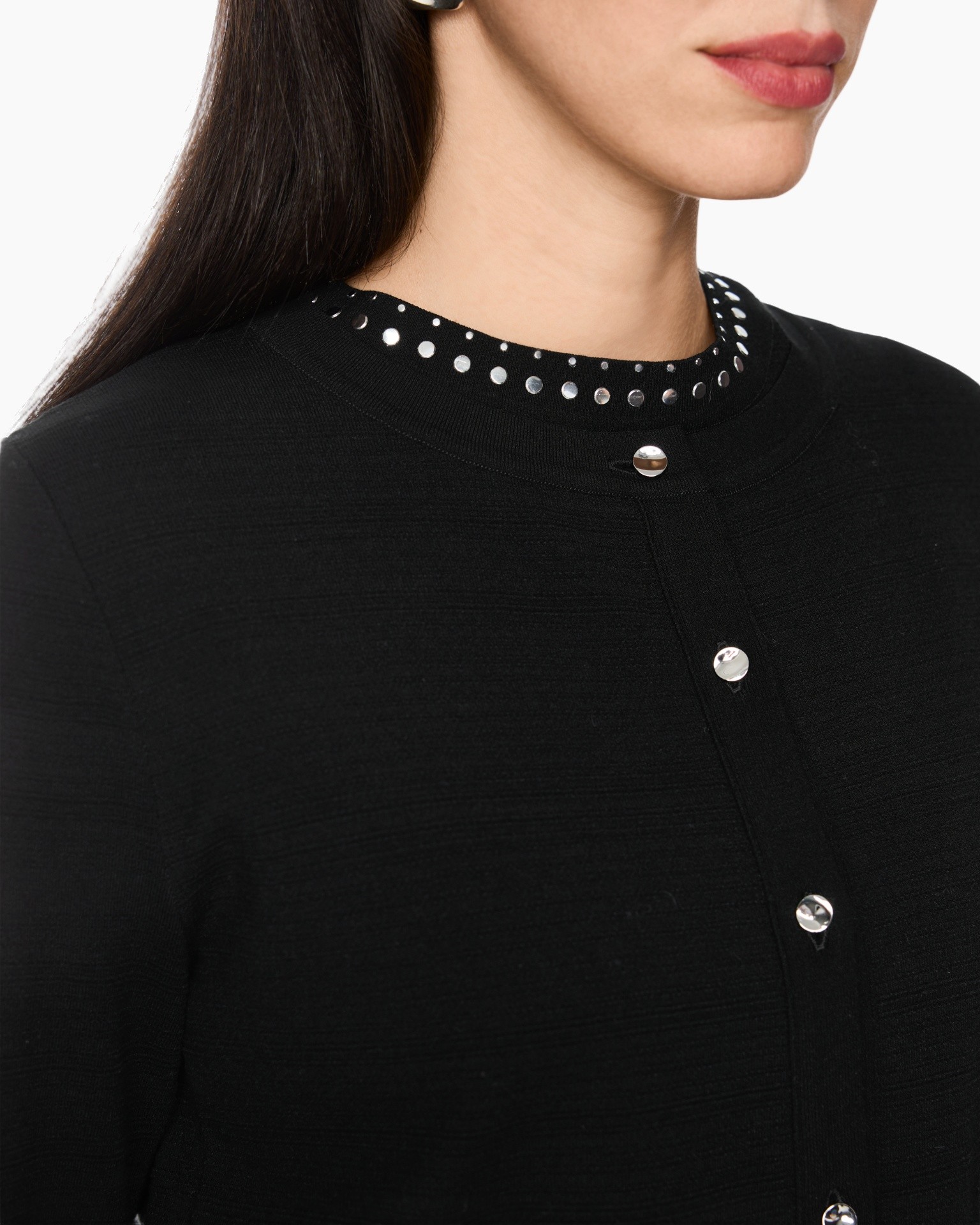 vest/cardigan, zwart, zilveren studs, breisel, knopsluiting