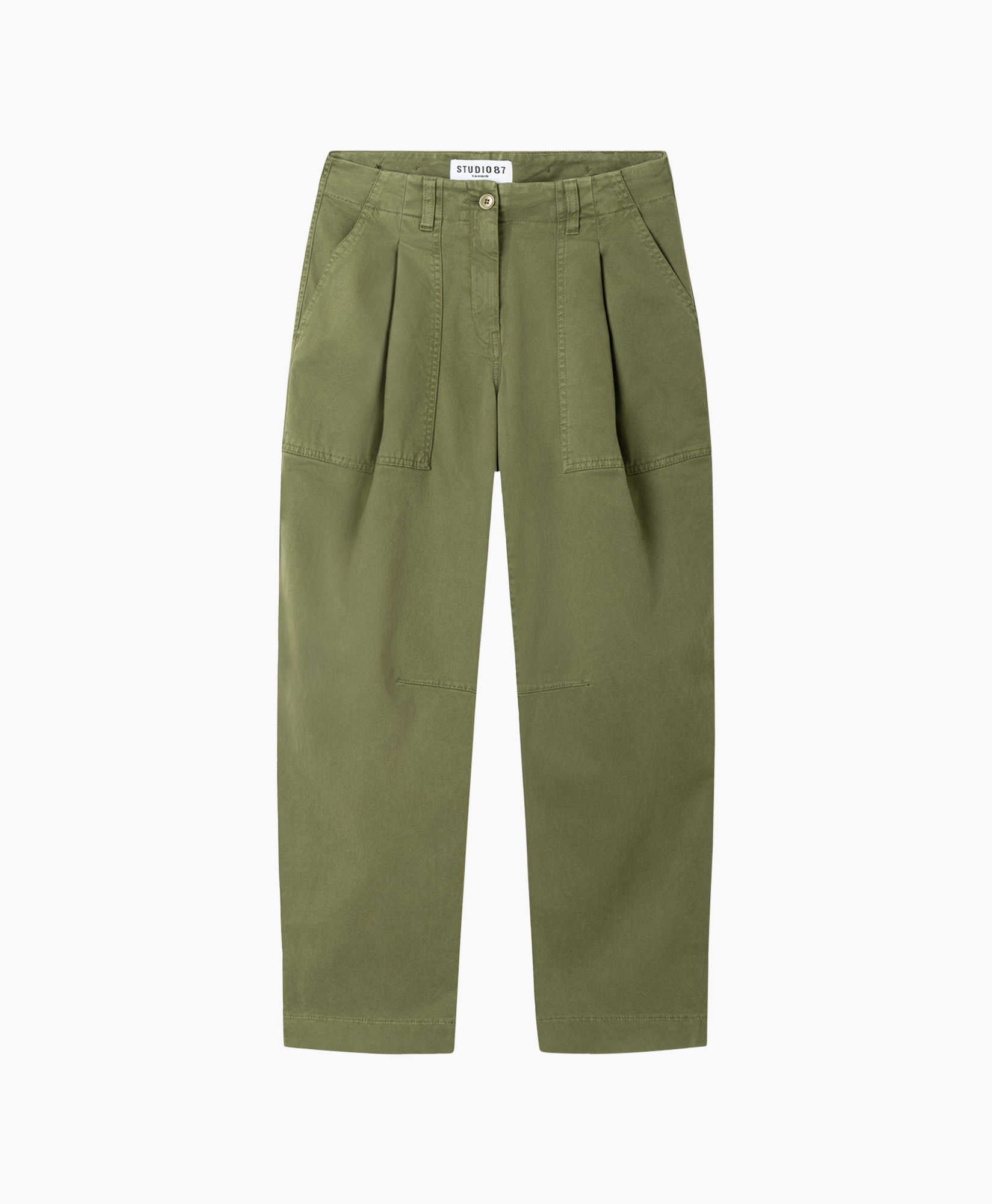 broek, groen khaki, cargo broek, plooien, voorzijde gezien