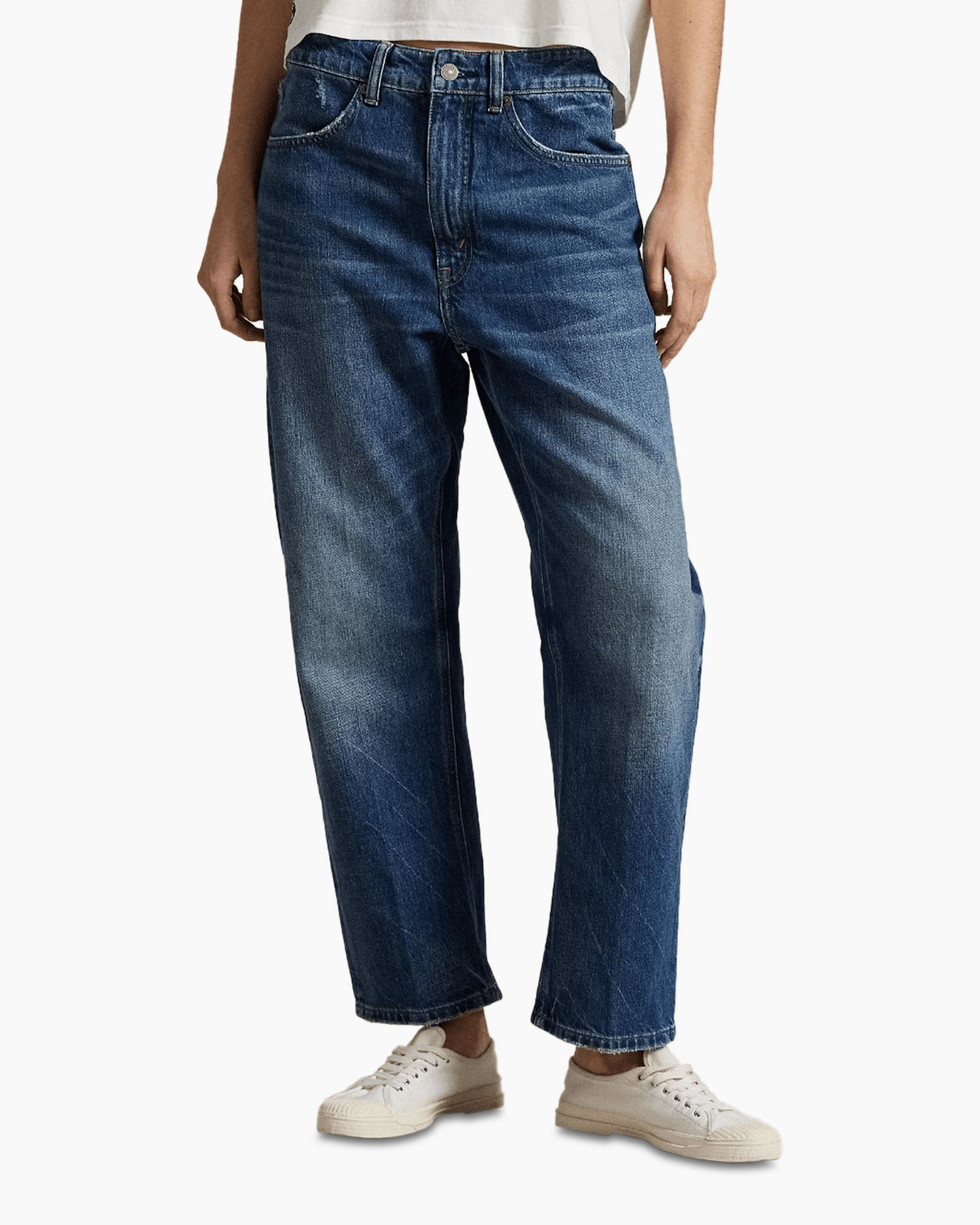 broek, denim, recht model, middelhoog, blauw