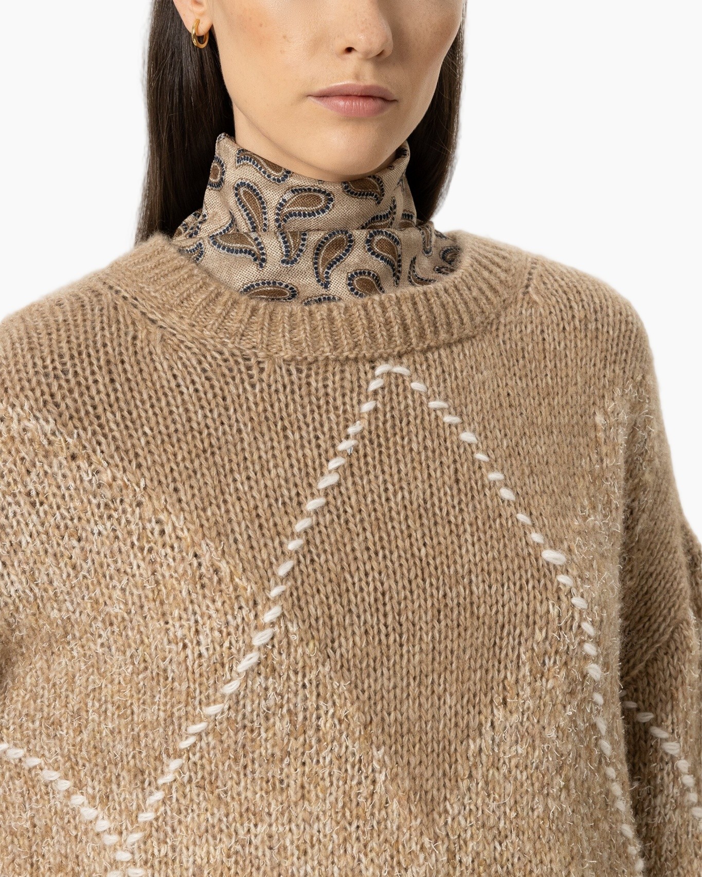 trui gebreid, rolkraag, argyle patroon, beige, losse pasvorm